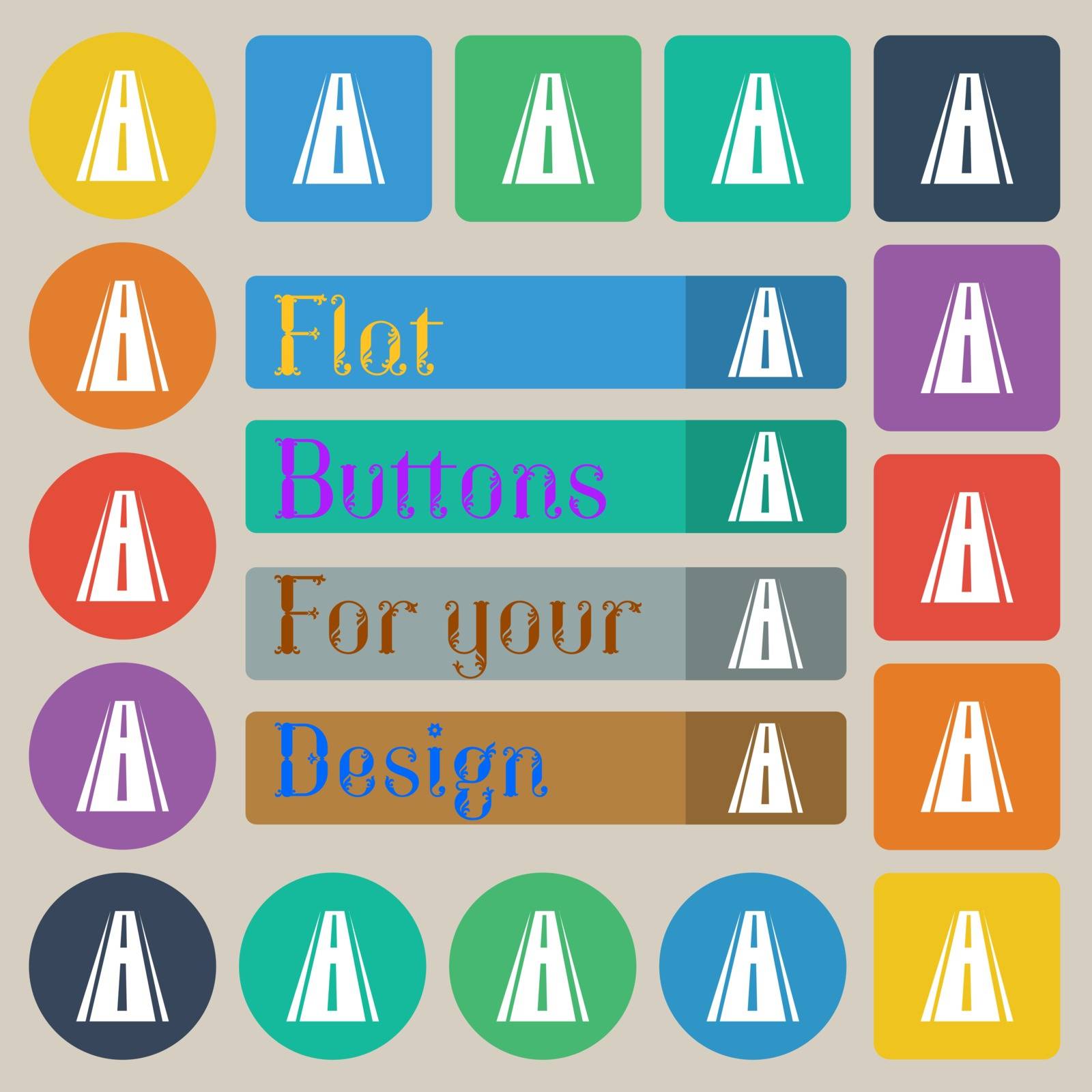 Road icon sign. Set of twenty colored flat, round, square and rectangular buttons. Vector illustration