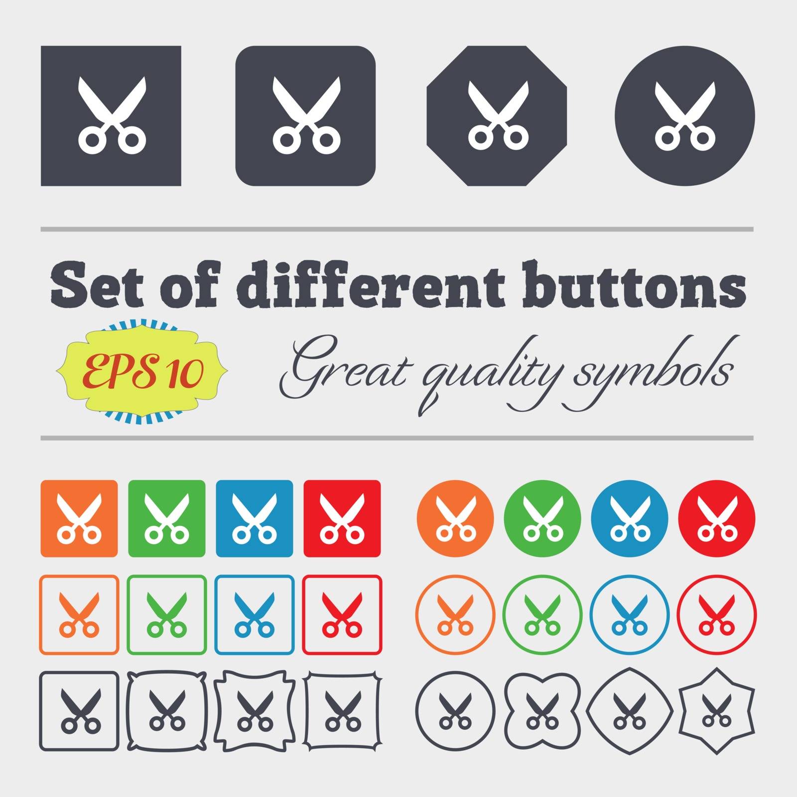 Scissors hairdresser sign icon. Tailor symbol. Big set of colorful, diverse, high-quality buttons. Vector illustration