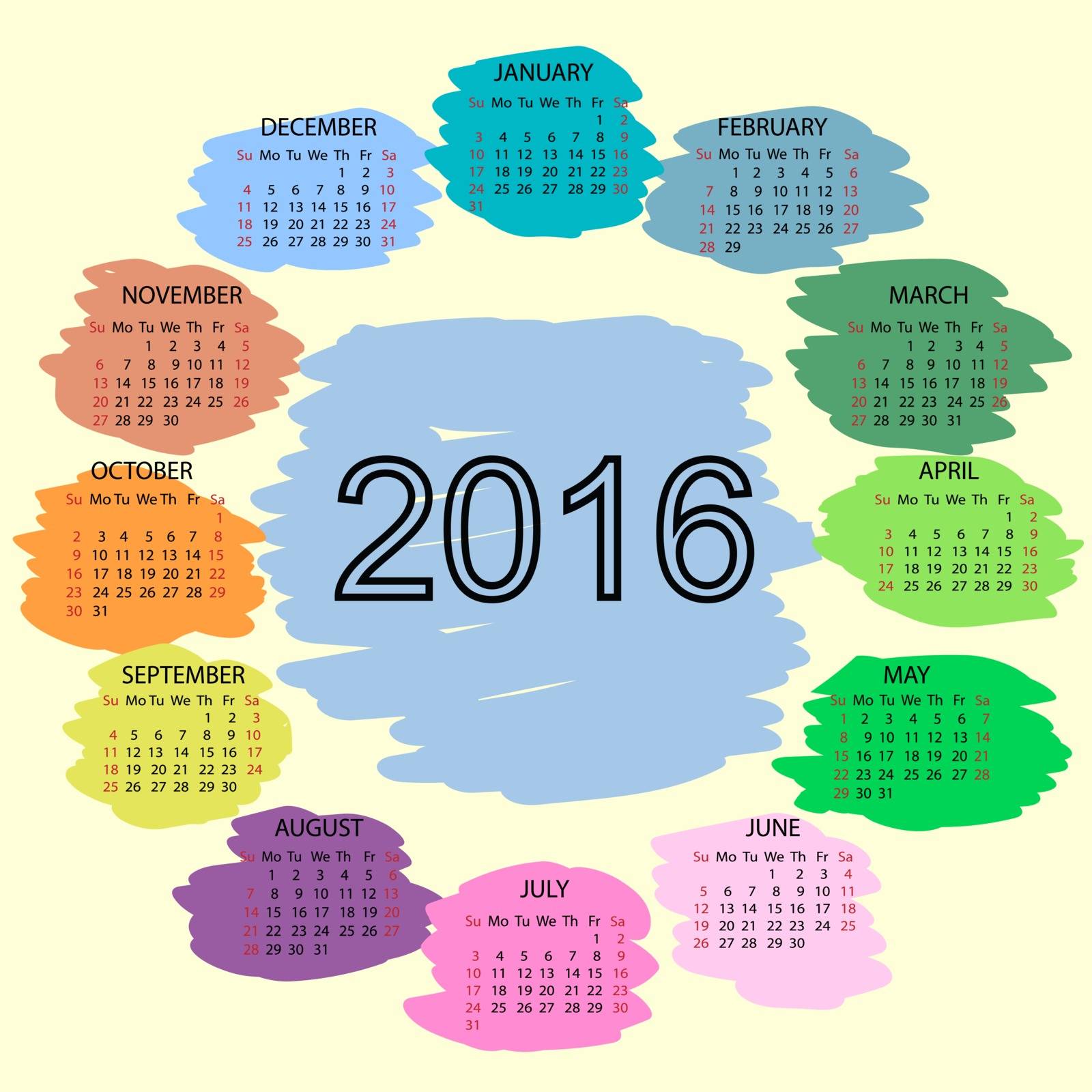 Spot color inks calendar 2016 new year. Week starts from Sunday