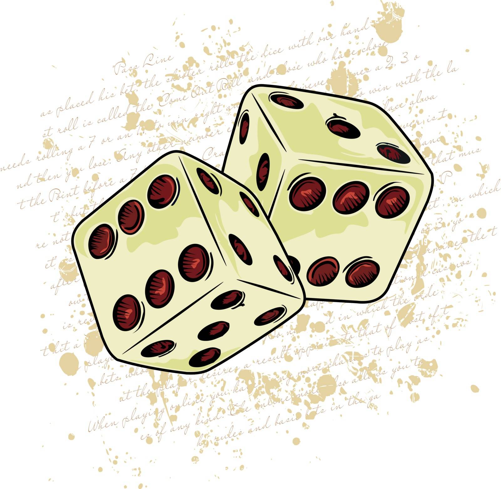two dice with written and stains in the background