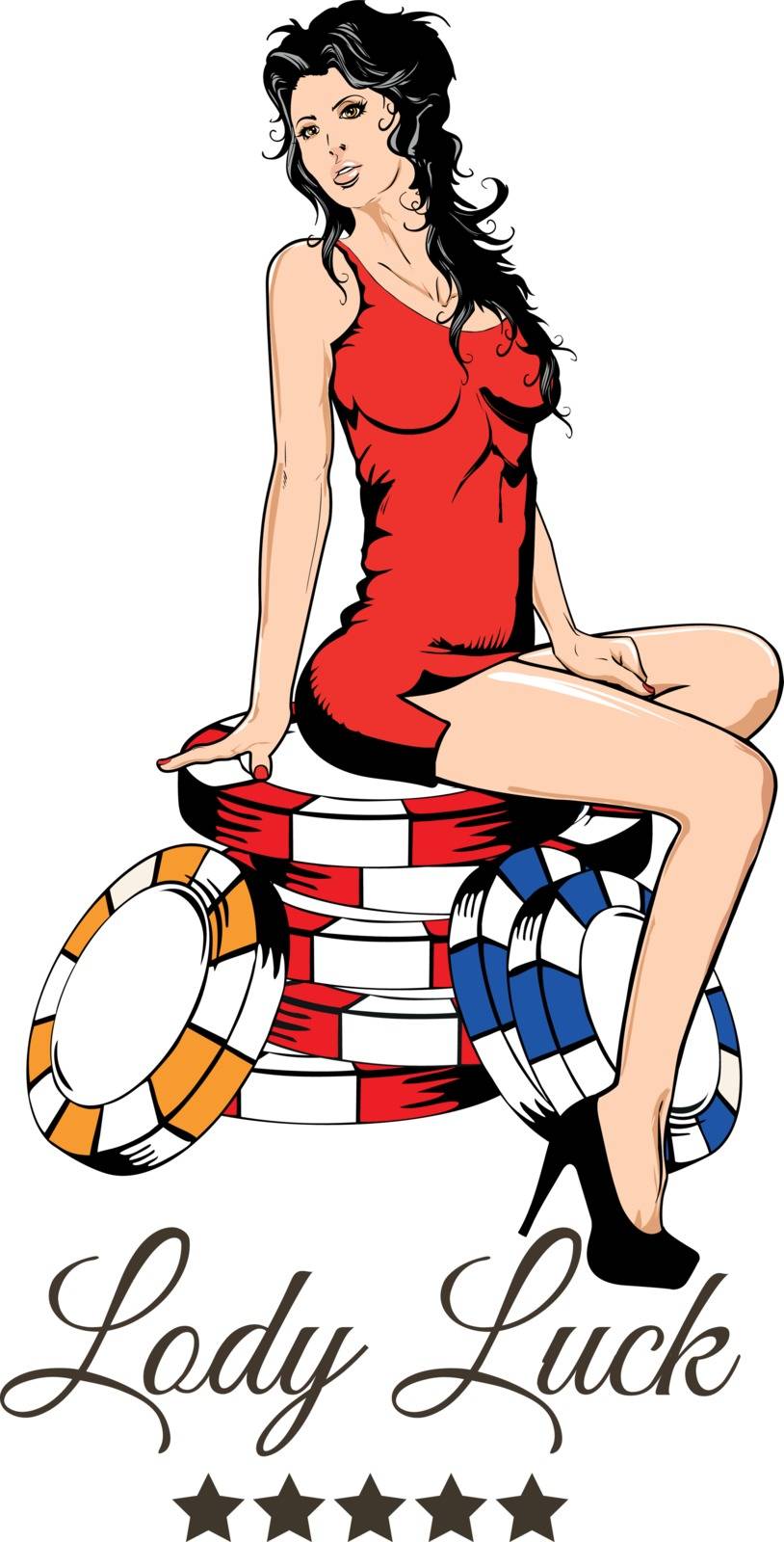Sexy girl sitting on the colored chips for casino