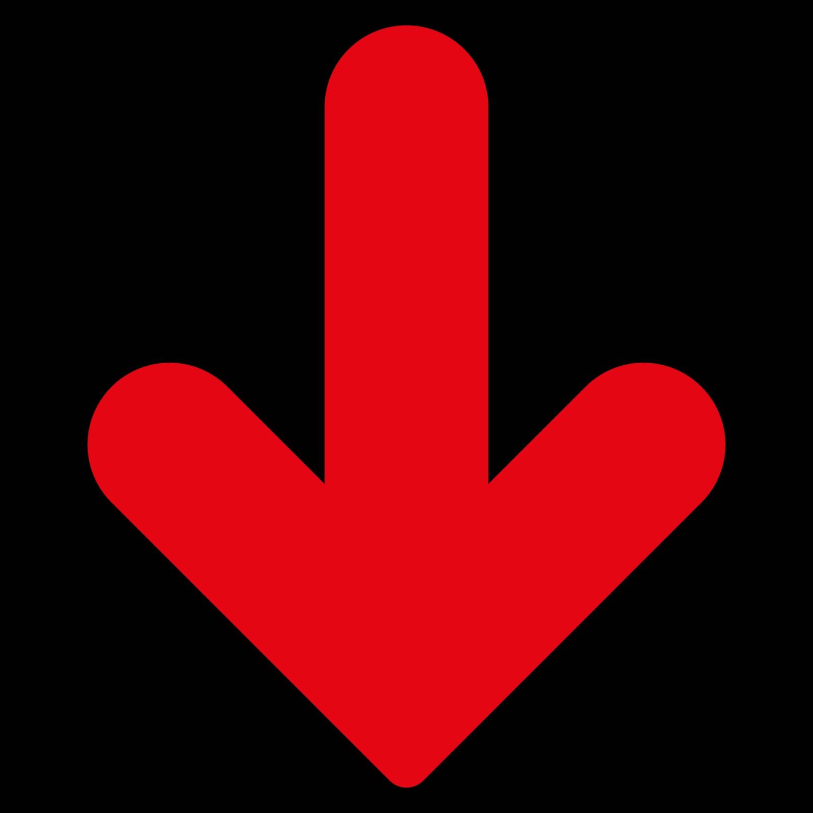 Arrow Down icon from Primitive Set. This isolated flat symbol is drawn with red color on a black background, angles are rounded.