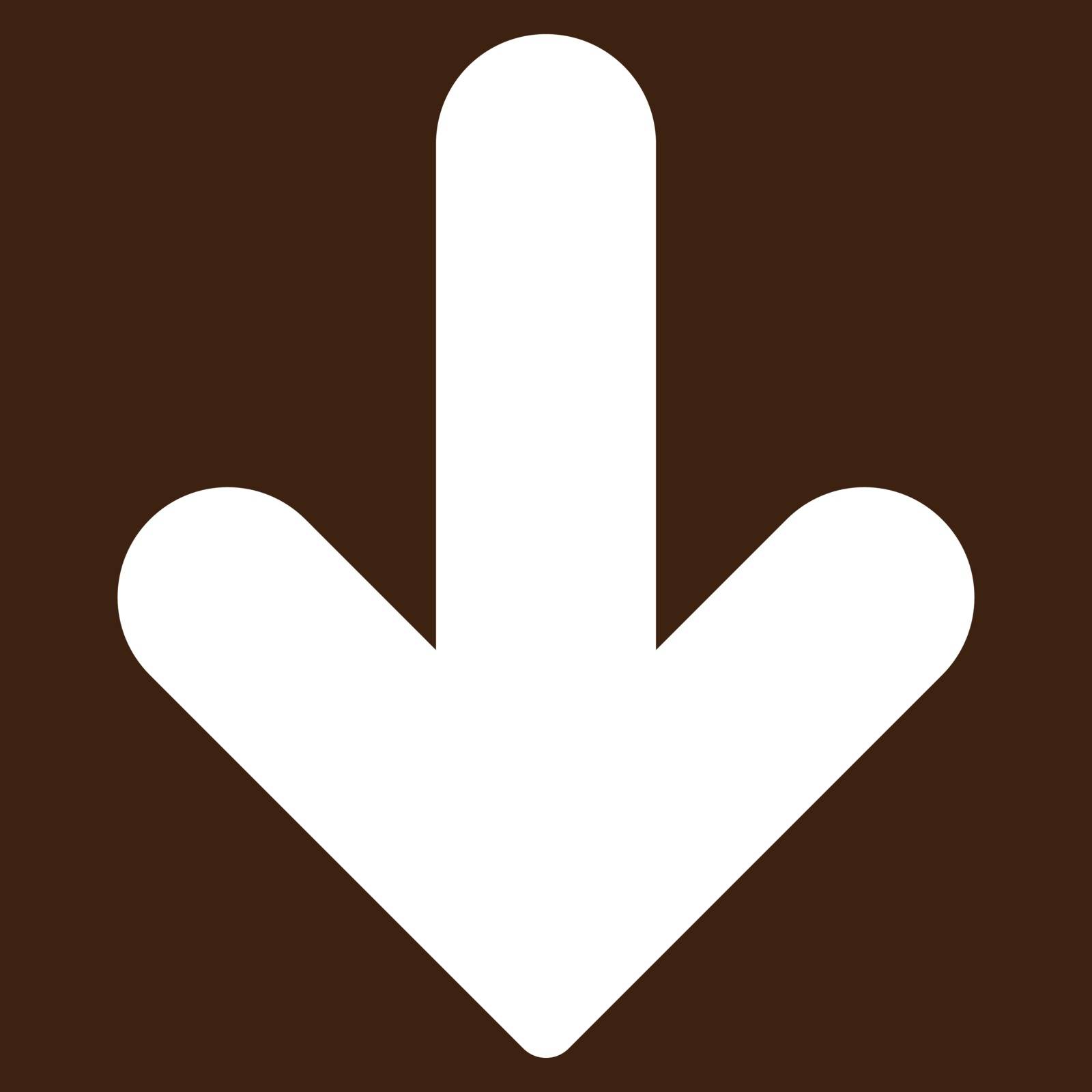 Arrow Down icon from Primitive Set. This isolated flat symbol is drawn with white color on a brown background, angles are rounded.