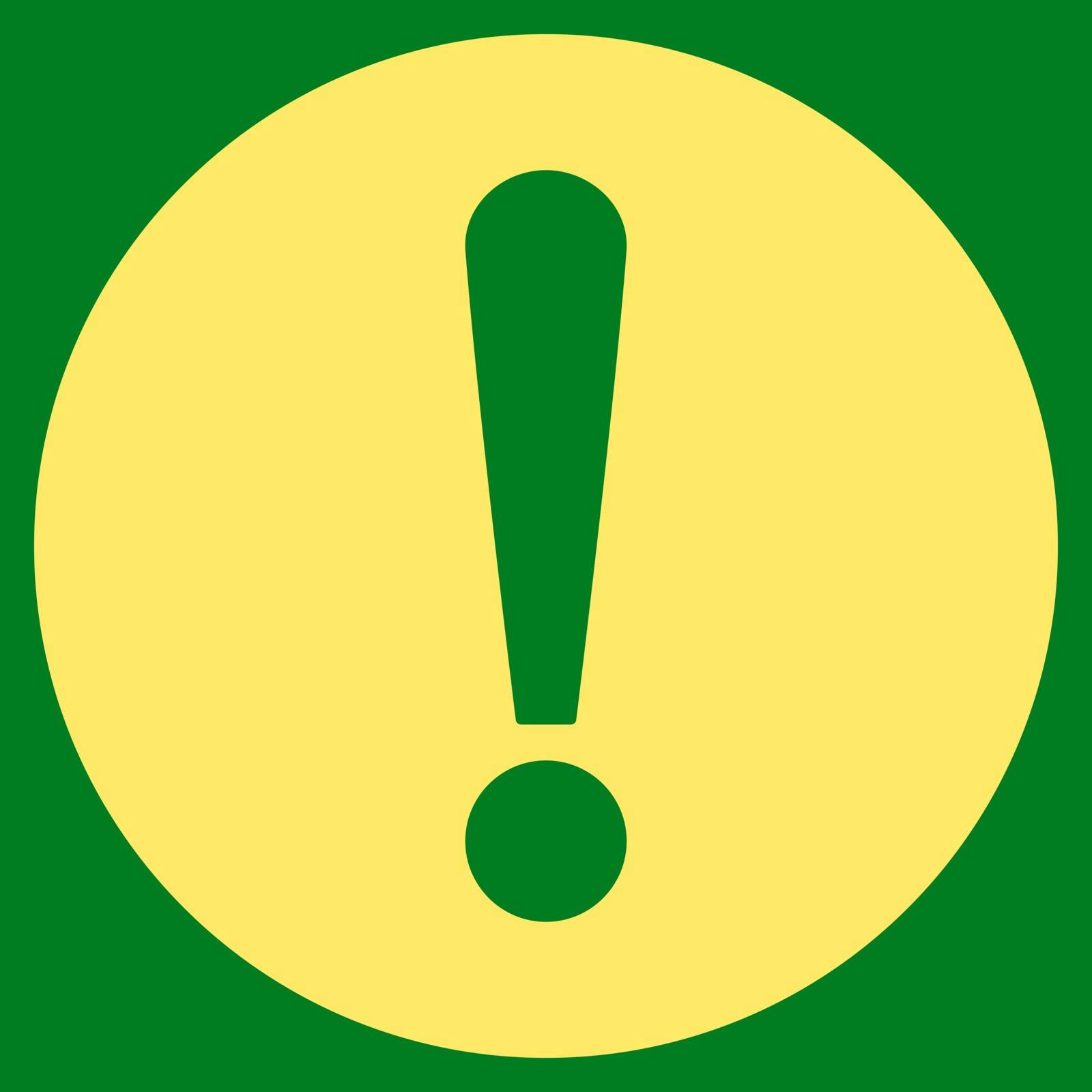 Problem icon from Primitive Set. This isolated flat symbol is drawn with yellow color on a green background, angles are rounded.