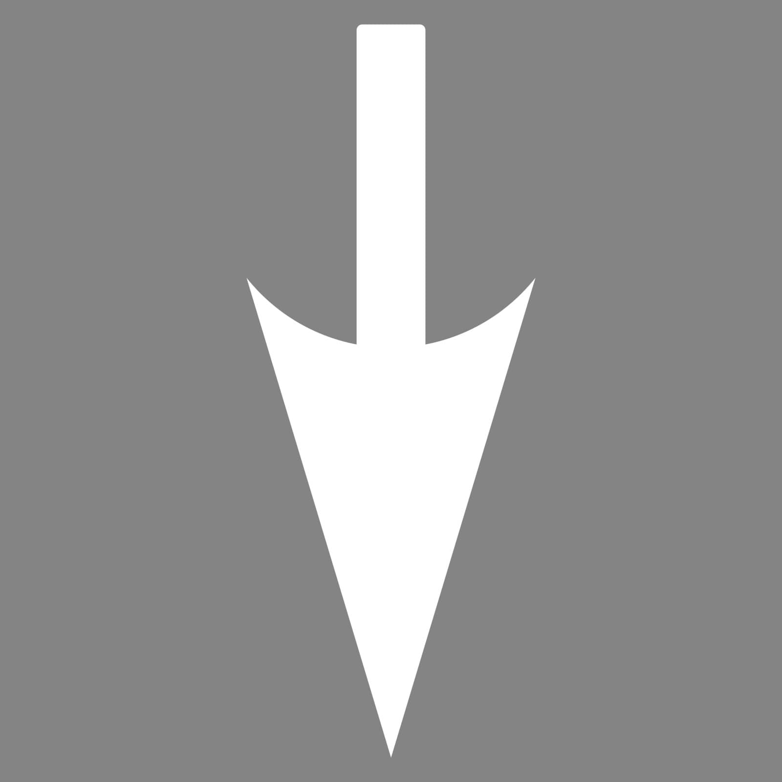 Sharp Down Arrow icon from Primitive Set. This isolated flat symbol is drawn with white color on a gray background.