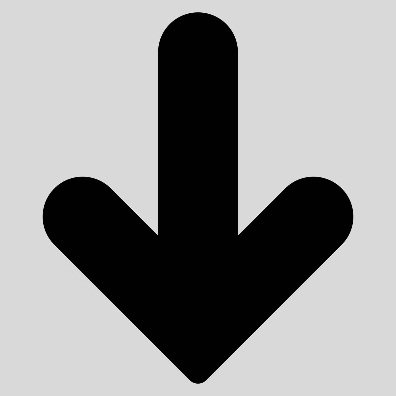 Arrow Down icon from Primitive Set. This isolated flat symbol is drawn with black color on a light gray background, angles are rounded.