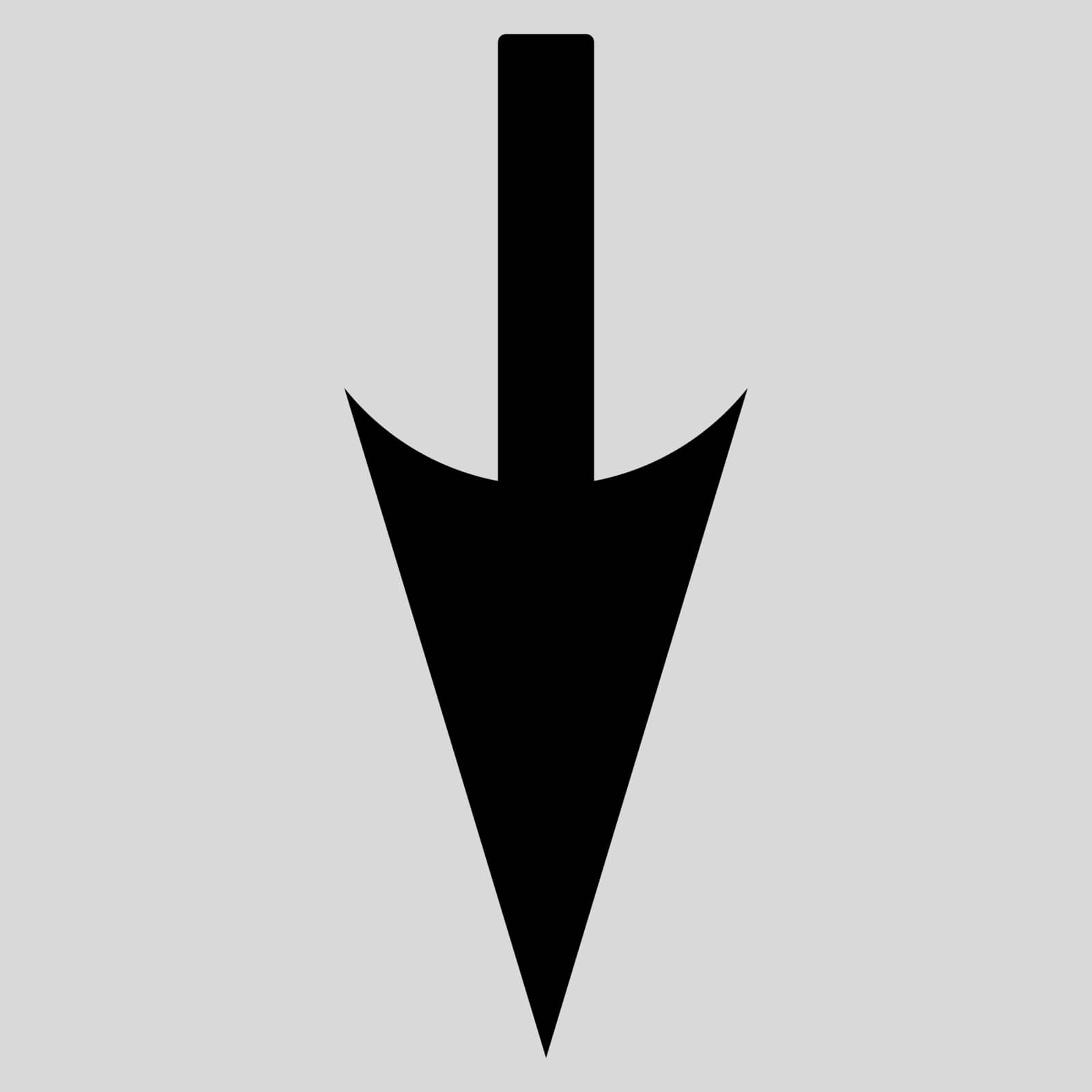 Sharp Down Arrow icon from Primitive Set. This isolated flat symbol is drawn with black color on a light gray background.