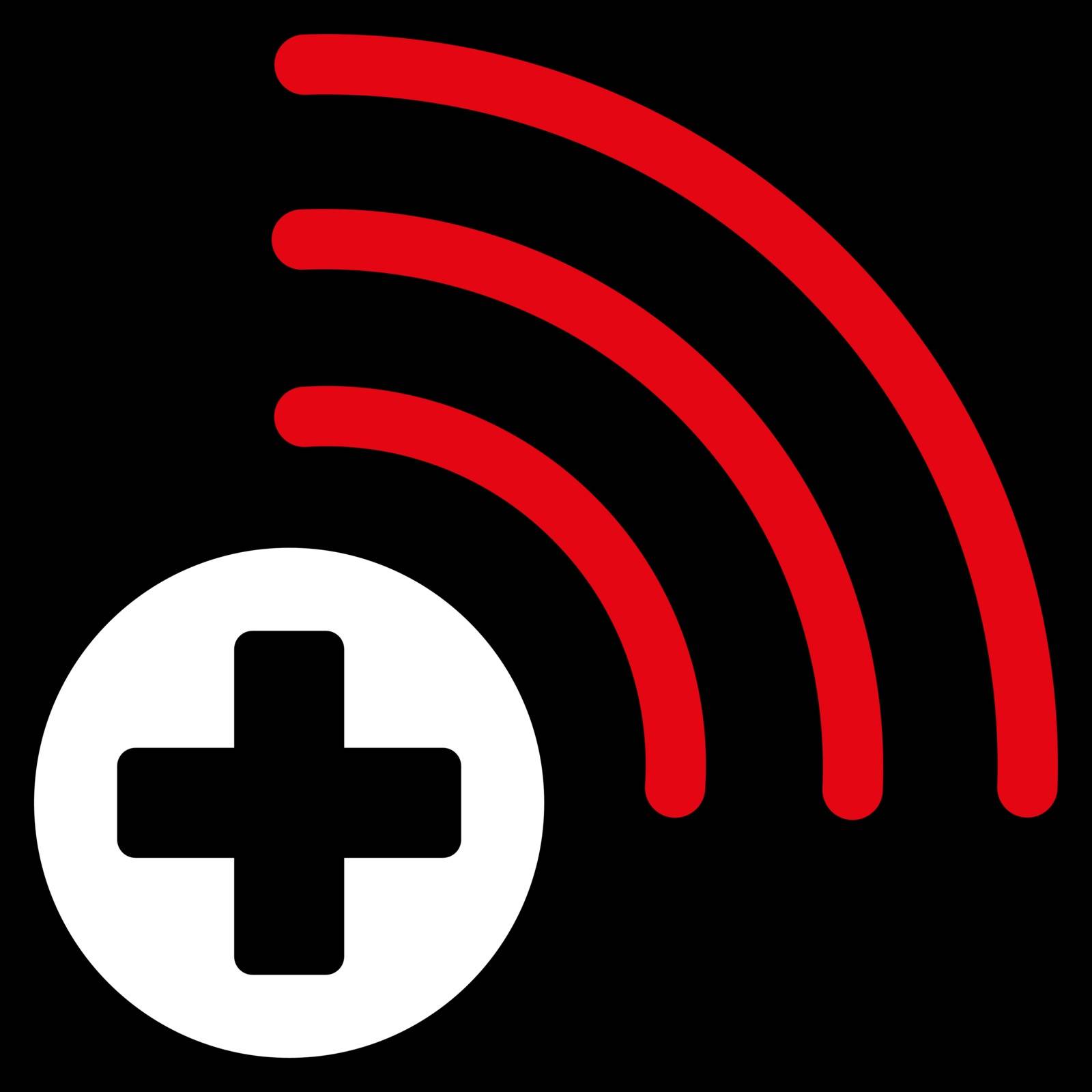 Medical Source vector icon. Style is bicolor flat symbol, red and white colors, rounded angles, black background.
