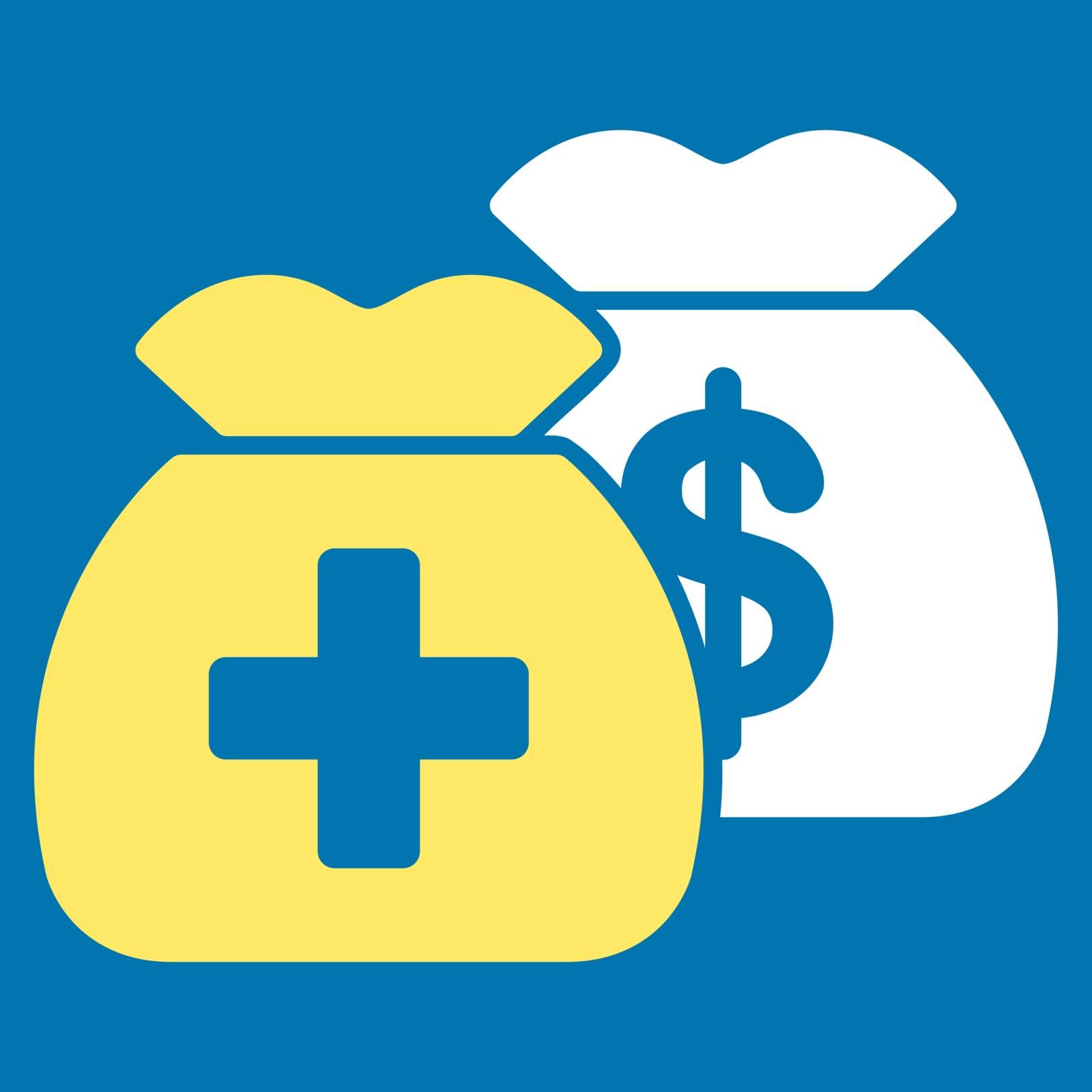 Health Care Funds vector icon. Style is bicolor flat symbol, yellow and white colors, rounded angles, blue background.