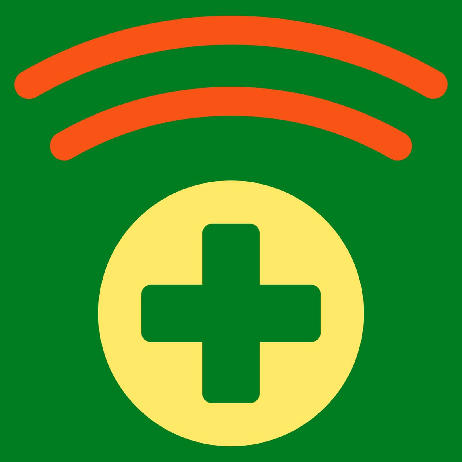 Medical Source vector icon. Style is bicolor flat symbol, orange and yellow colors, rounded angles, green background.