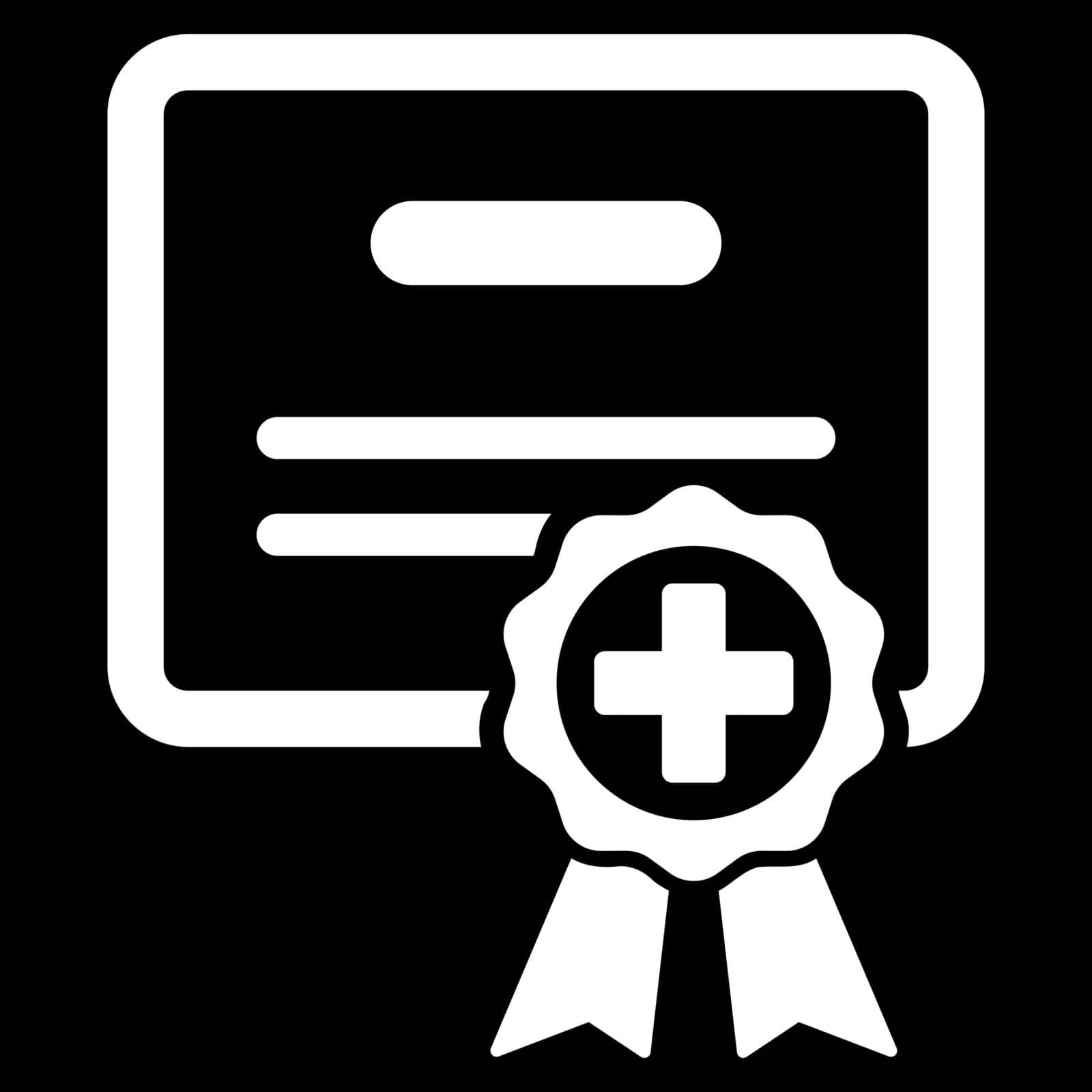 Medical Certificate vector icon. Style is flat symbol, white color, rounded angles, black background.
