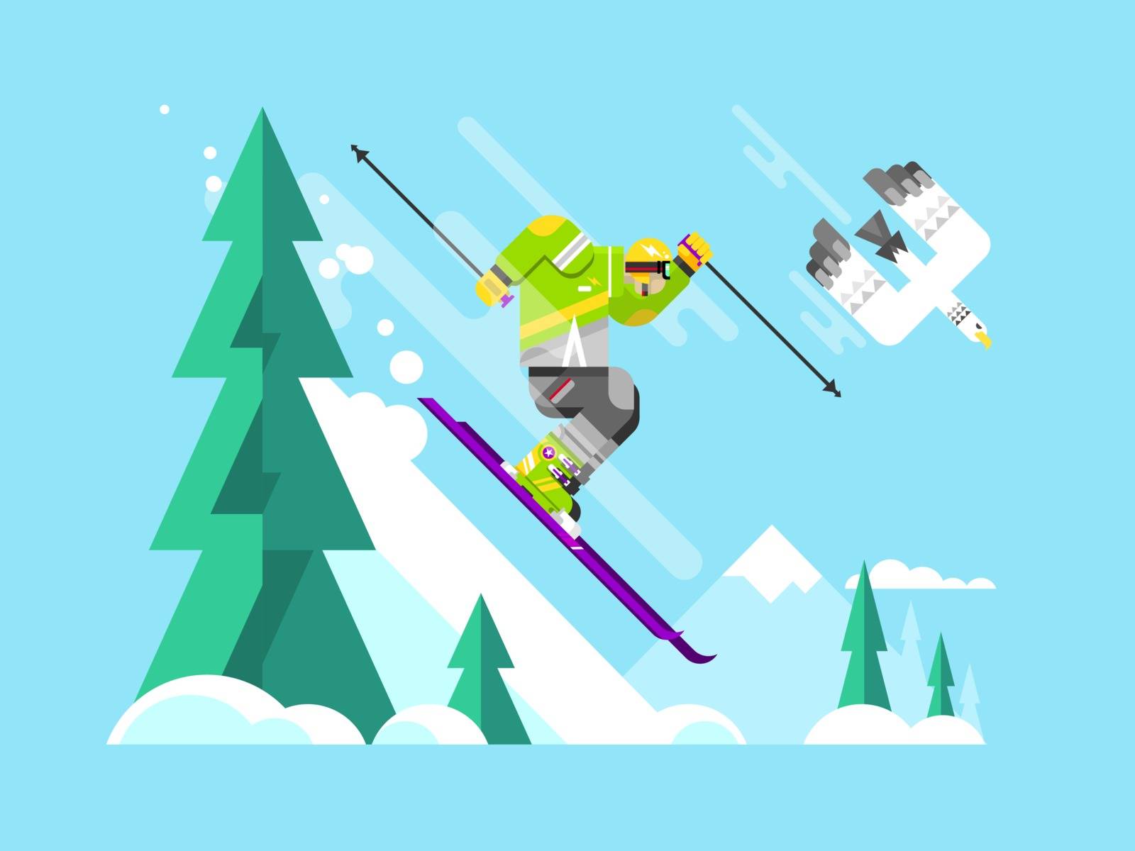Cartoon character skier. Sport winter, snow and speed extreme, flat vector illustration