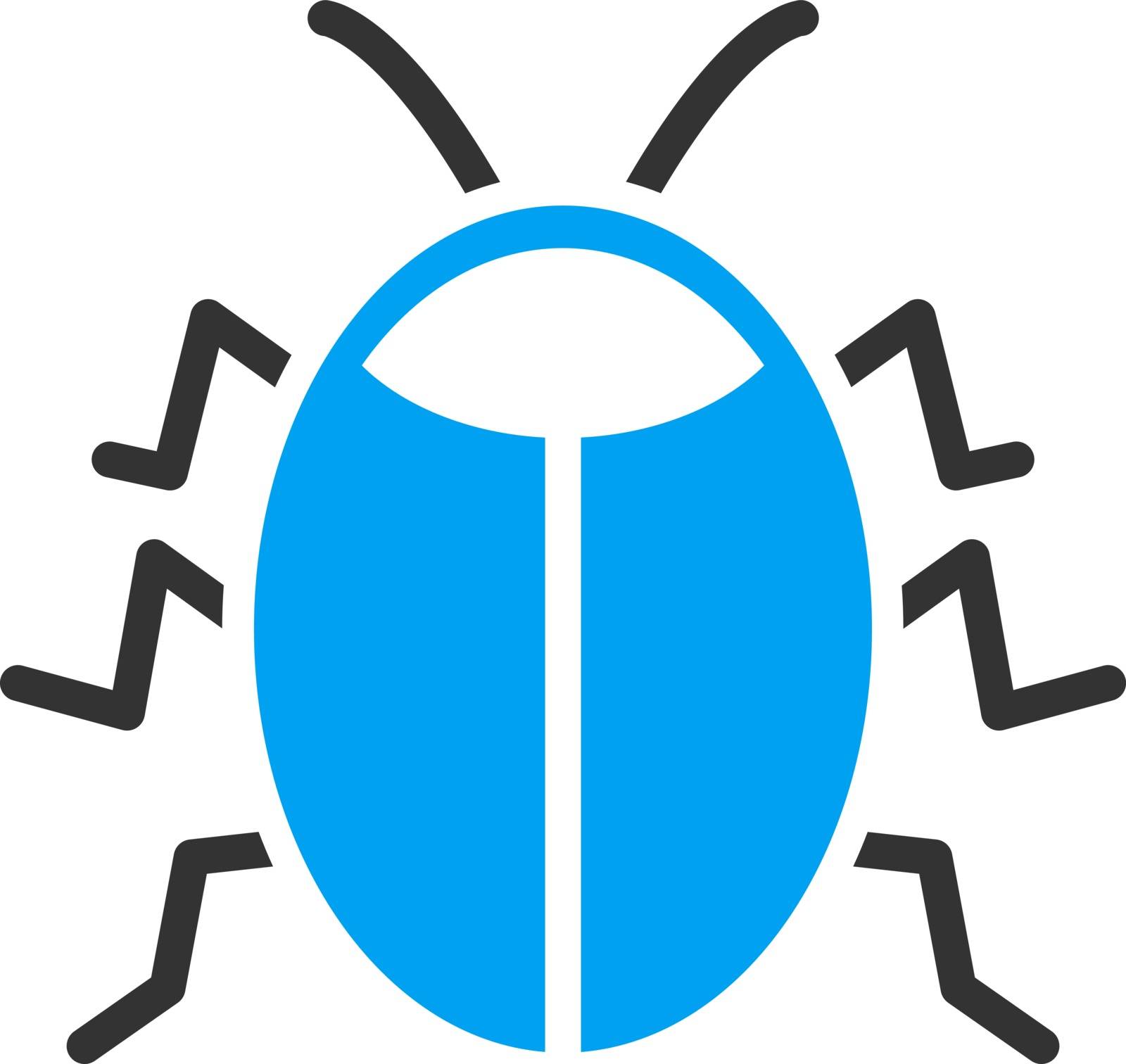 Bug vector icon. Style is bicolor flat symbol, blue and gray colors, rounded angles, white background.