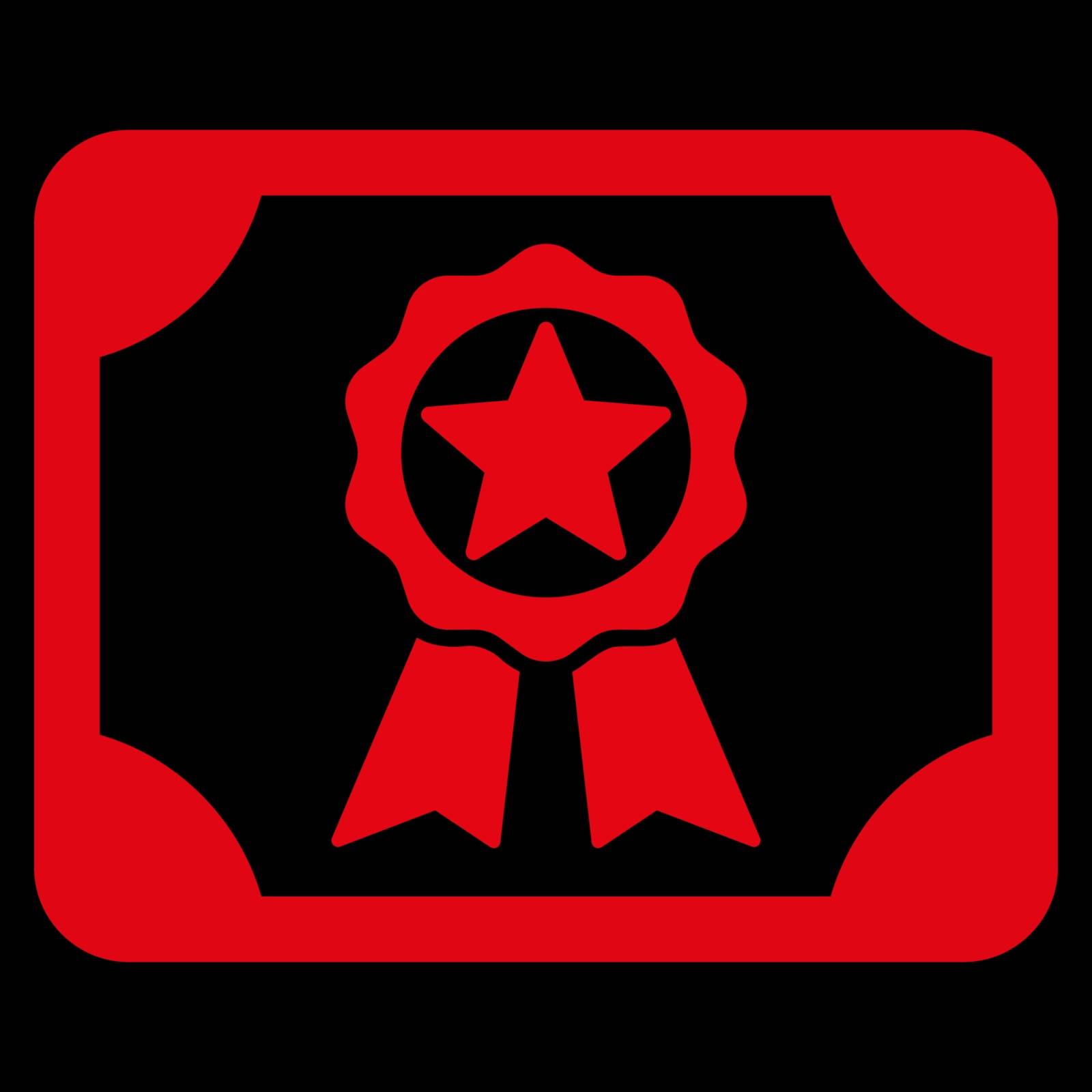 Award Diploma vector icon. Style is flat symbol, red color, rounded angles, black background.