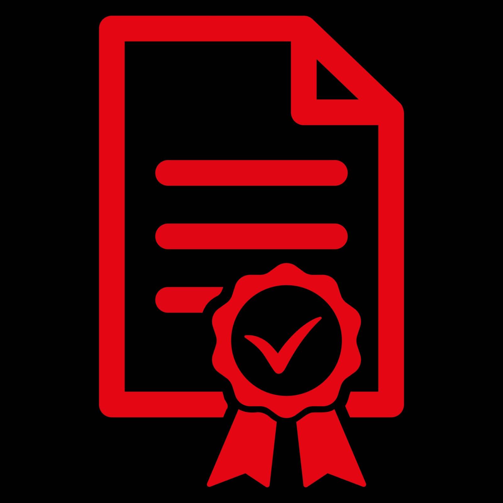 Certified vector icon. Style is flat symbol, red color, rounded angles, black background.