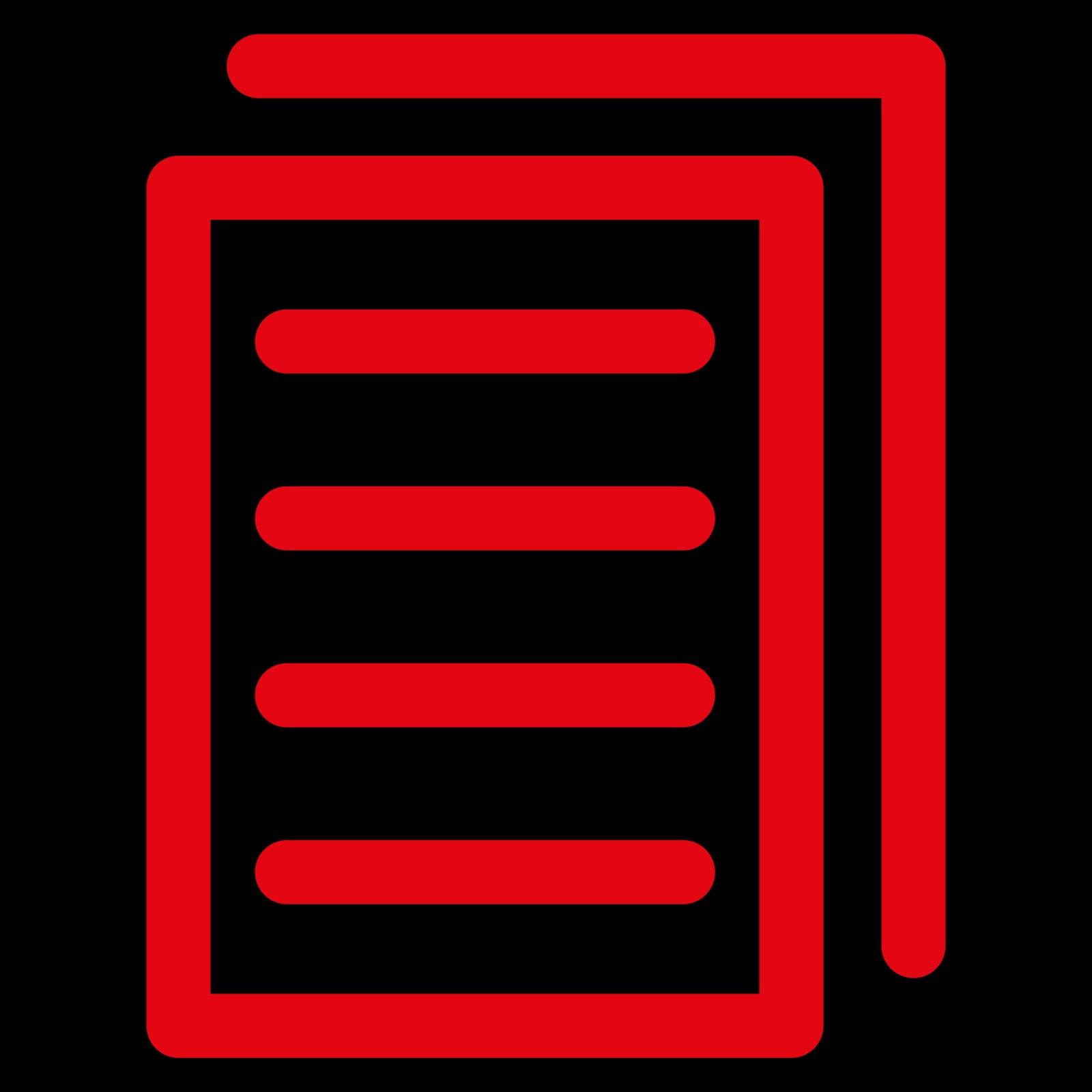 Copy Document vector icon. Style is flat symbol, red color, rounded angles, black background.