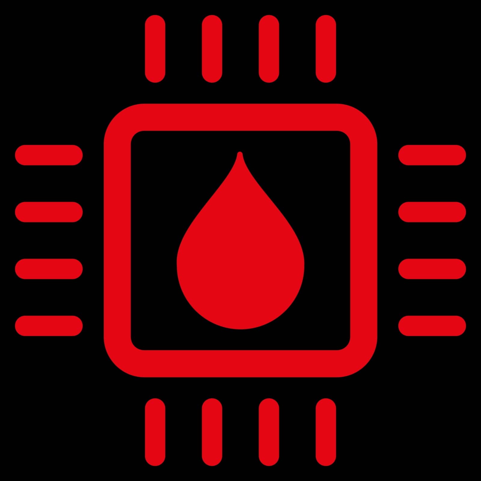 Drop Analysis Chip vector icon. Style is flat symbol, red color, rounded angles, black background.