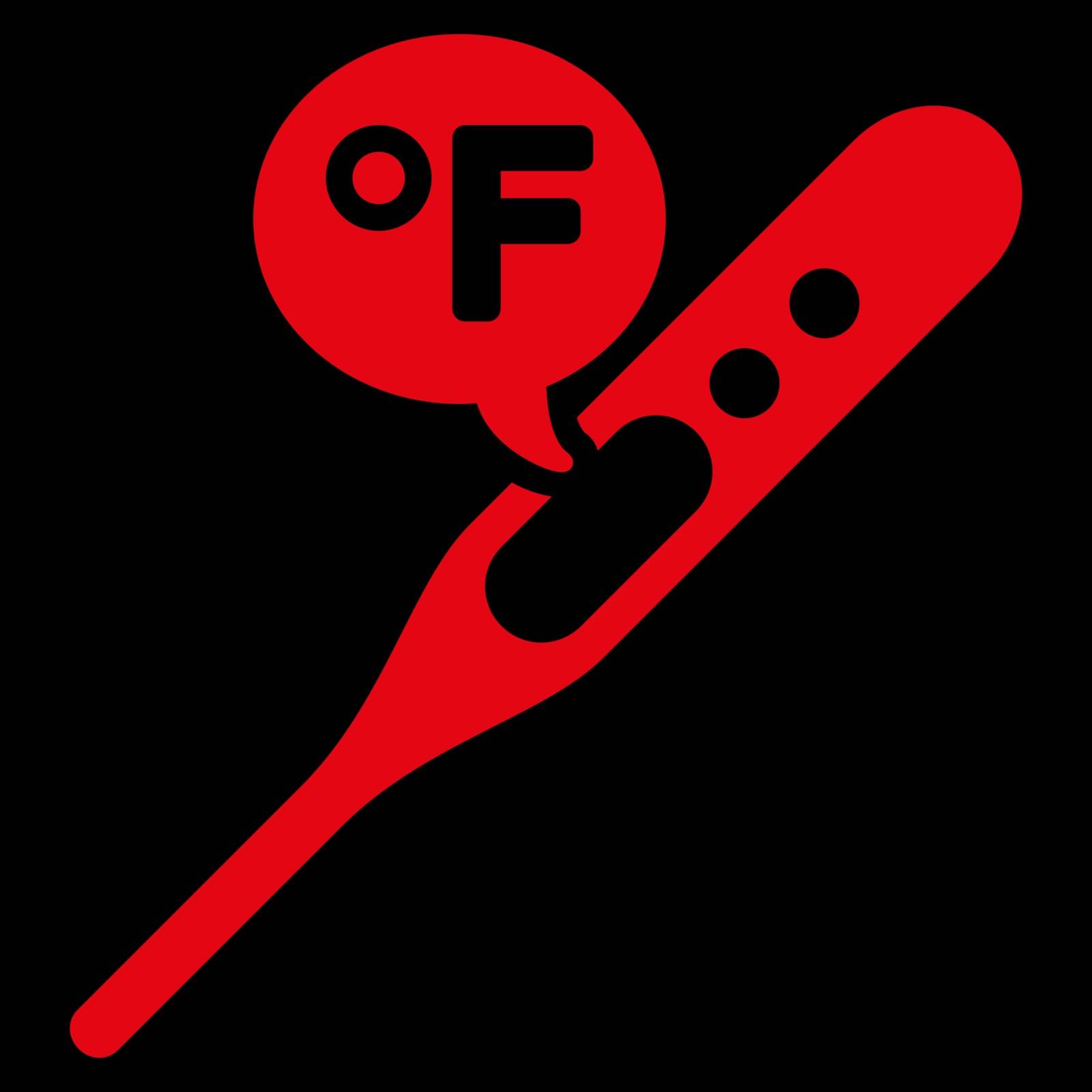 Fahrenheit Temperature vector icon. Style is flat symbol, red color, rounded angles, black background.