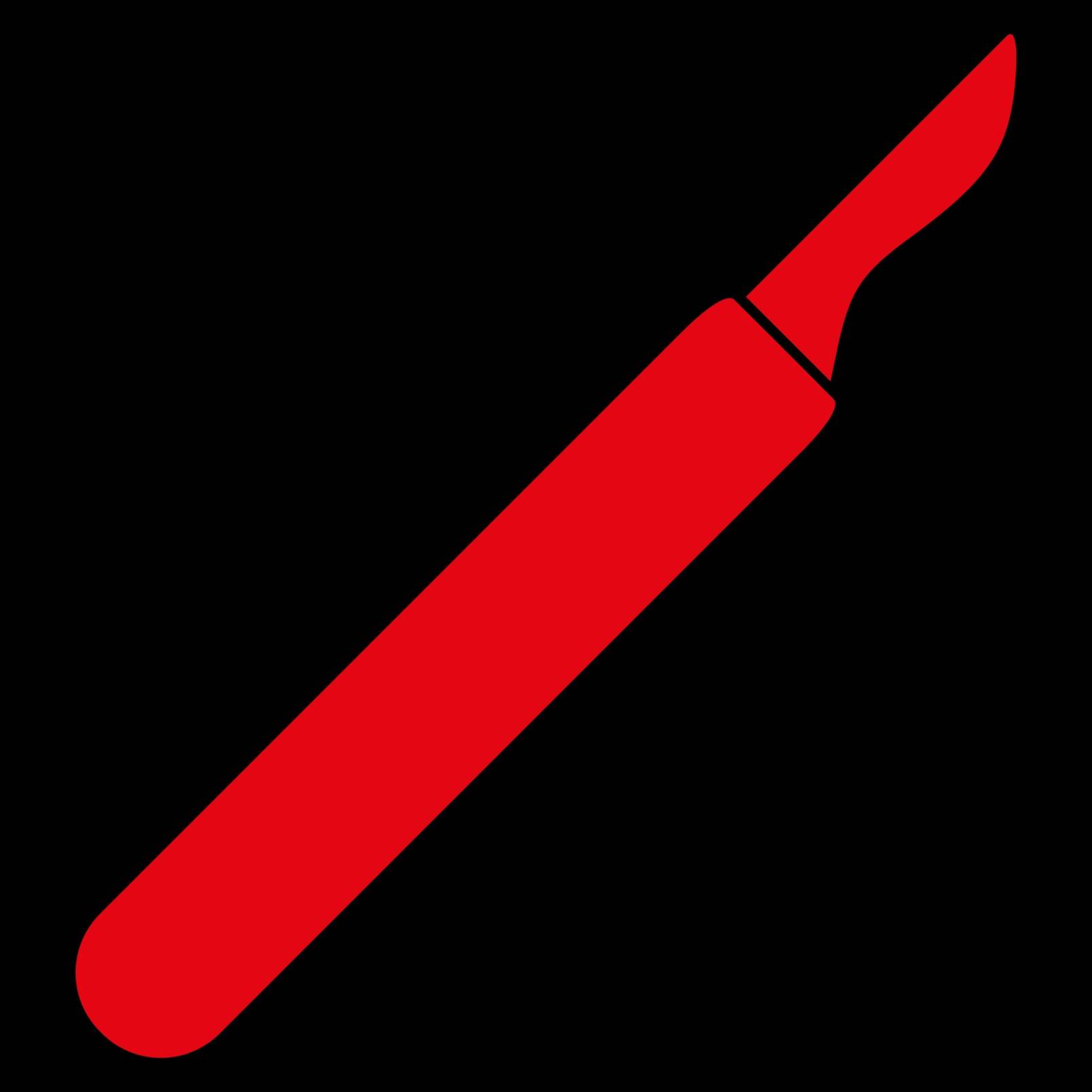 Scalpel vector icon. Style is flat symbol, red color, rounded angles, black background.