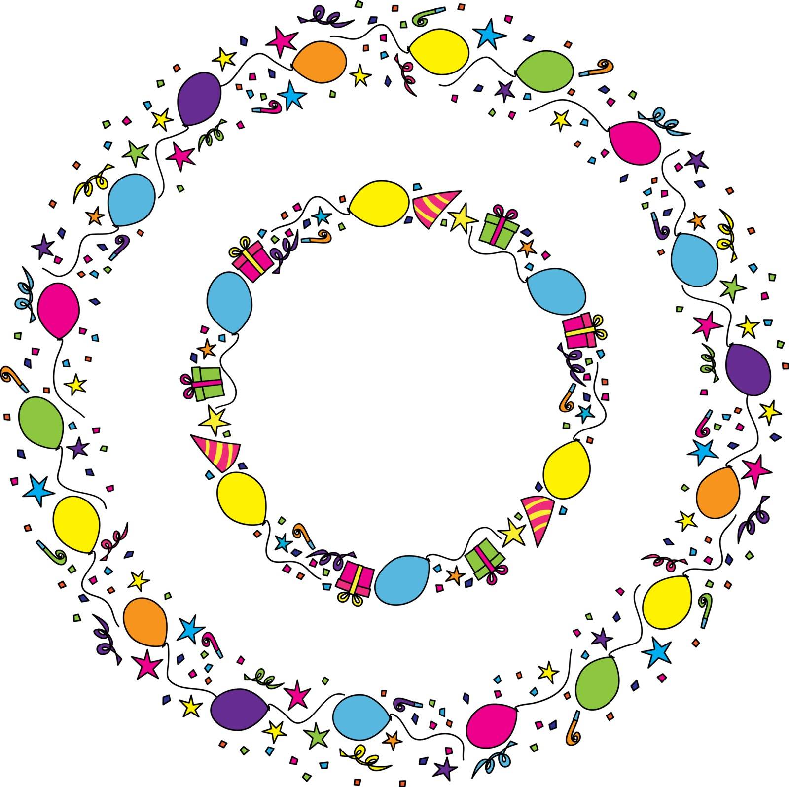 Illustrated circle frames composed of colorful balloons, stars, presents and confetti