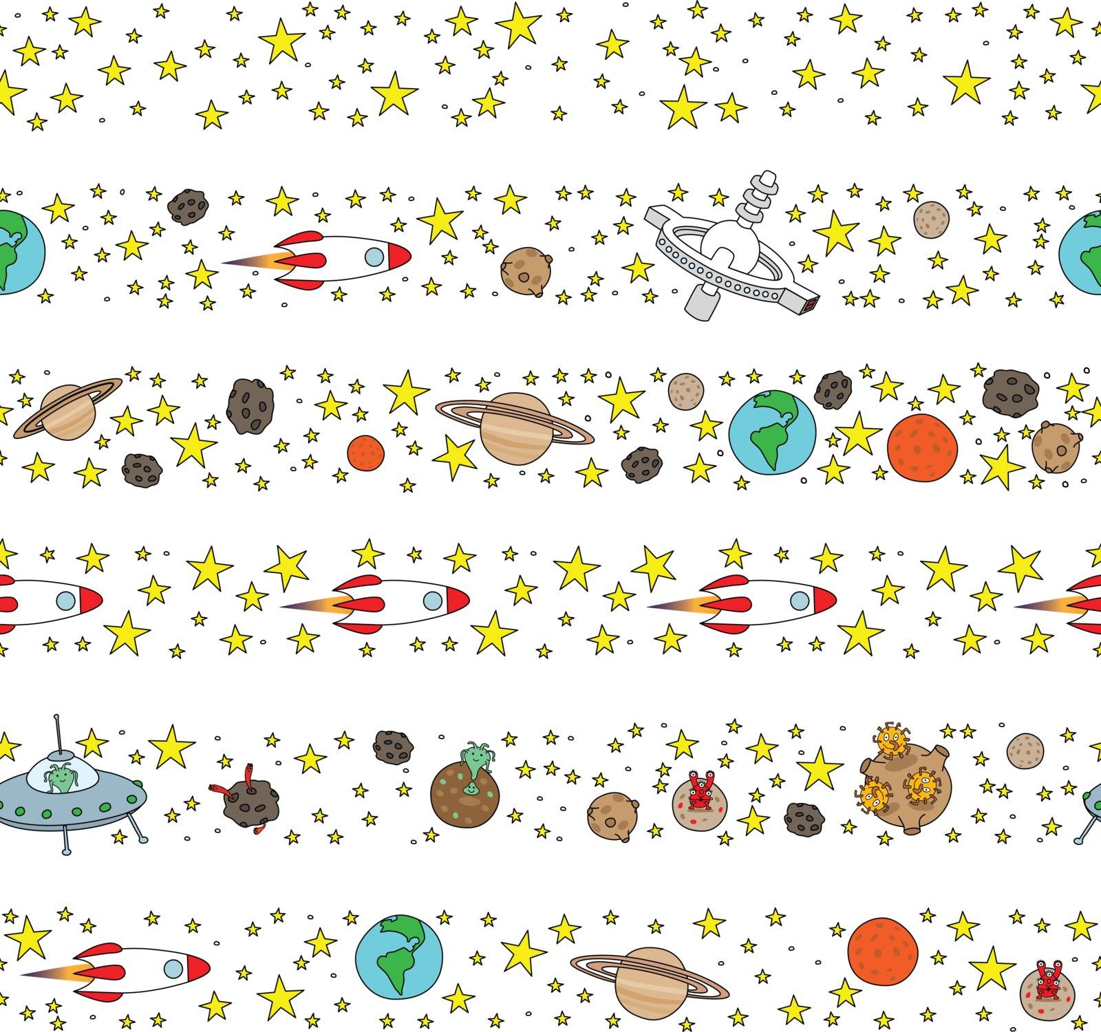 Set of six illustrated decorative borders made of stars and planets