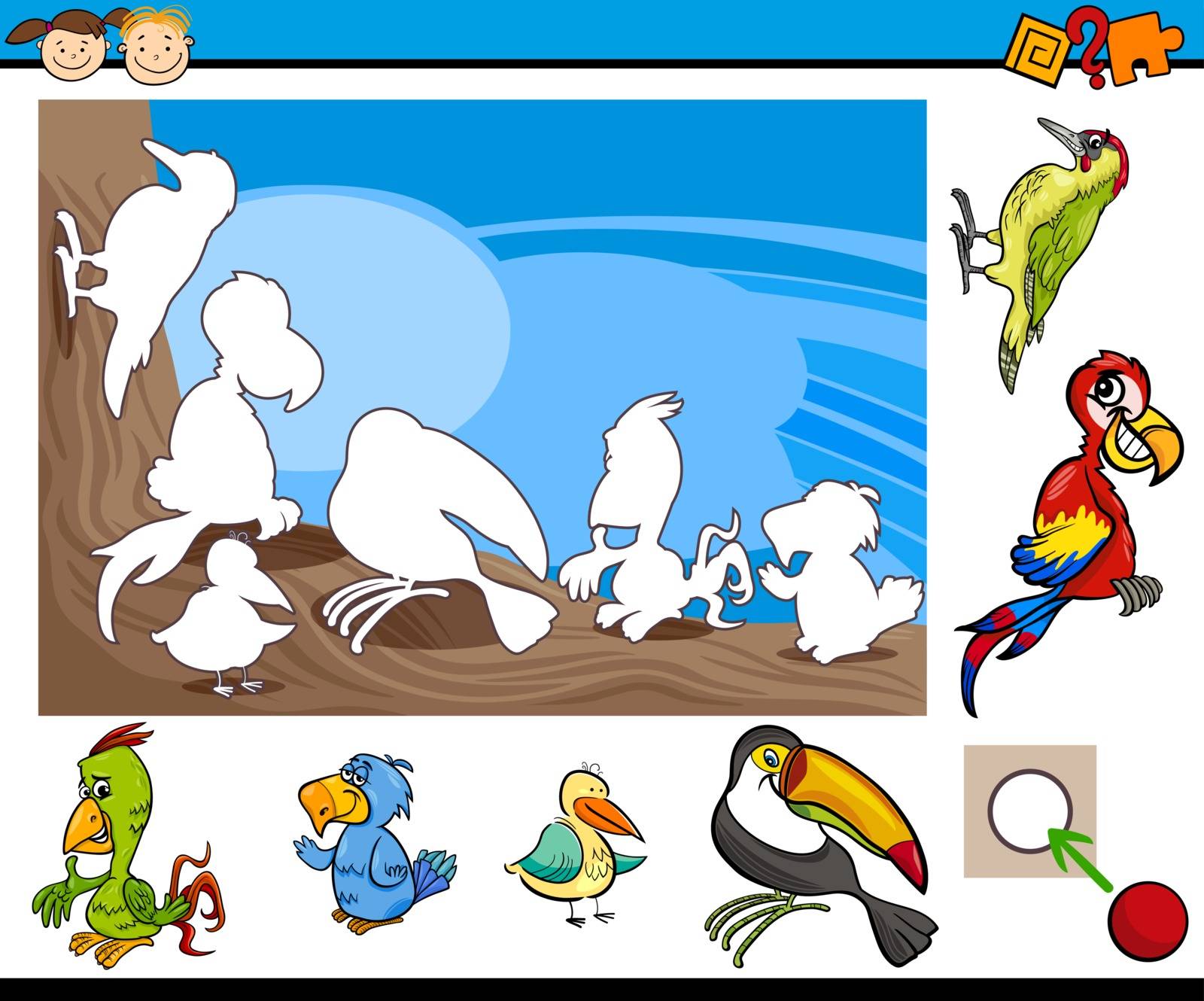 Cartoon Illustration of Educational Game for Preschool Children with Birds Animal Characters
