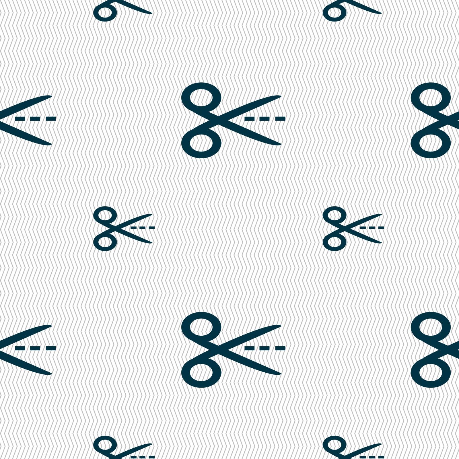 Scissors with cut dash dotted line sign icon. Tailor symbol. Seamless pattern with geometric texture. Vector illustration