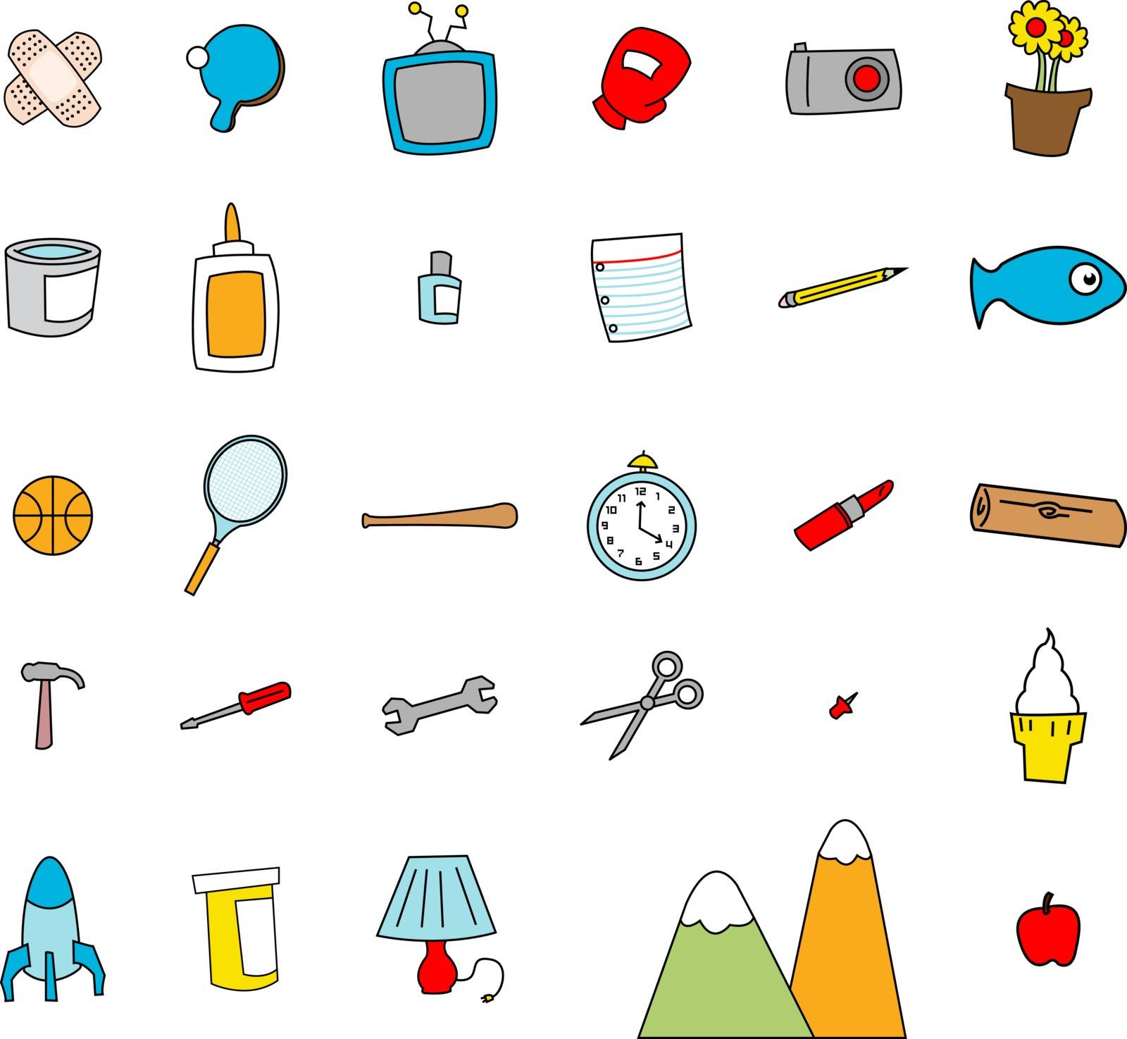 Childlike doodles of everyday objects in a simple cartoon style.