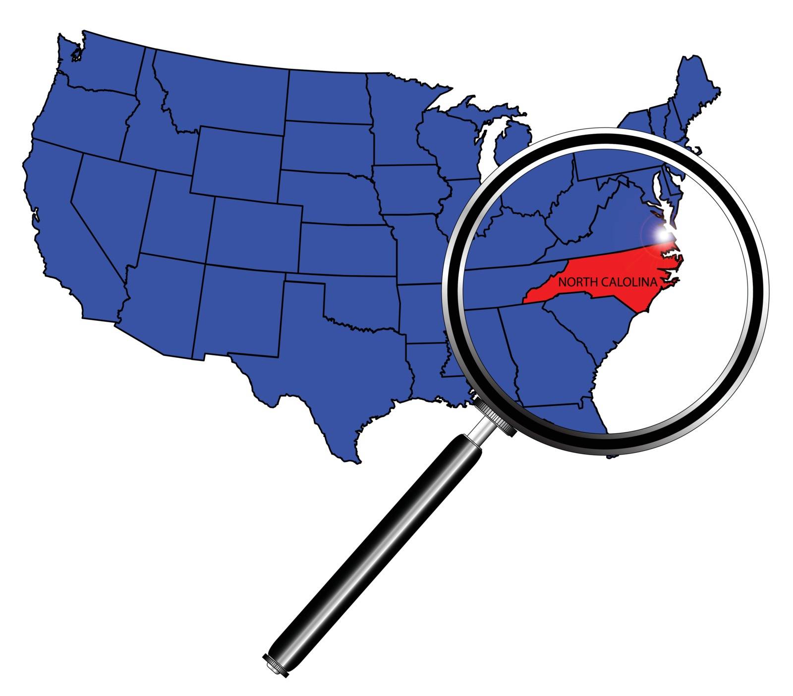 North Carolina state outline set into a map of The United States of America under a magnifying glass