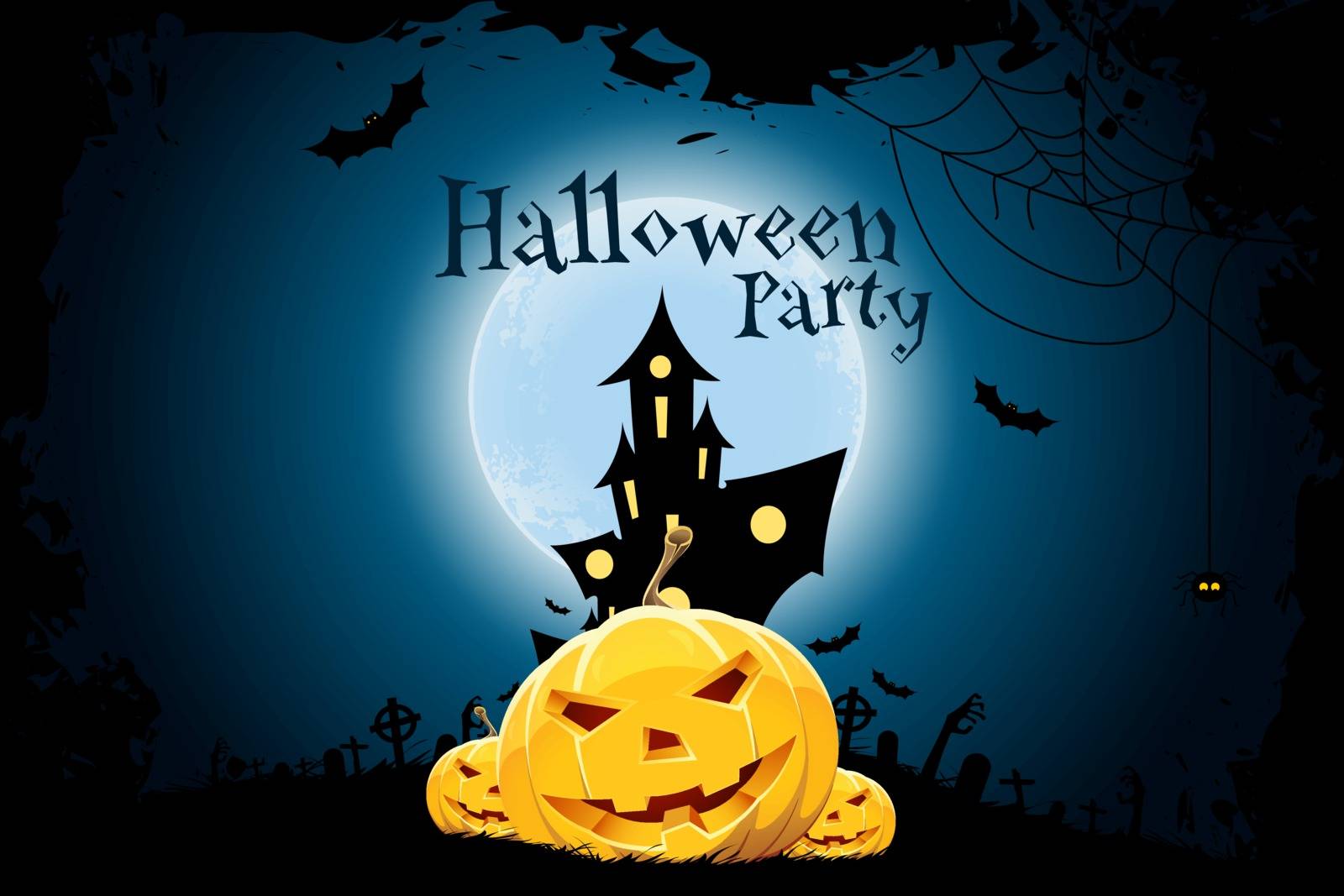 Grungy Halloween Party Background with Haunted House, Pumpkins, Bats, Moon and Spider