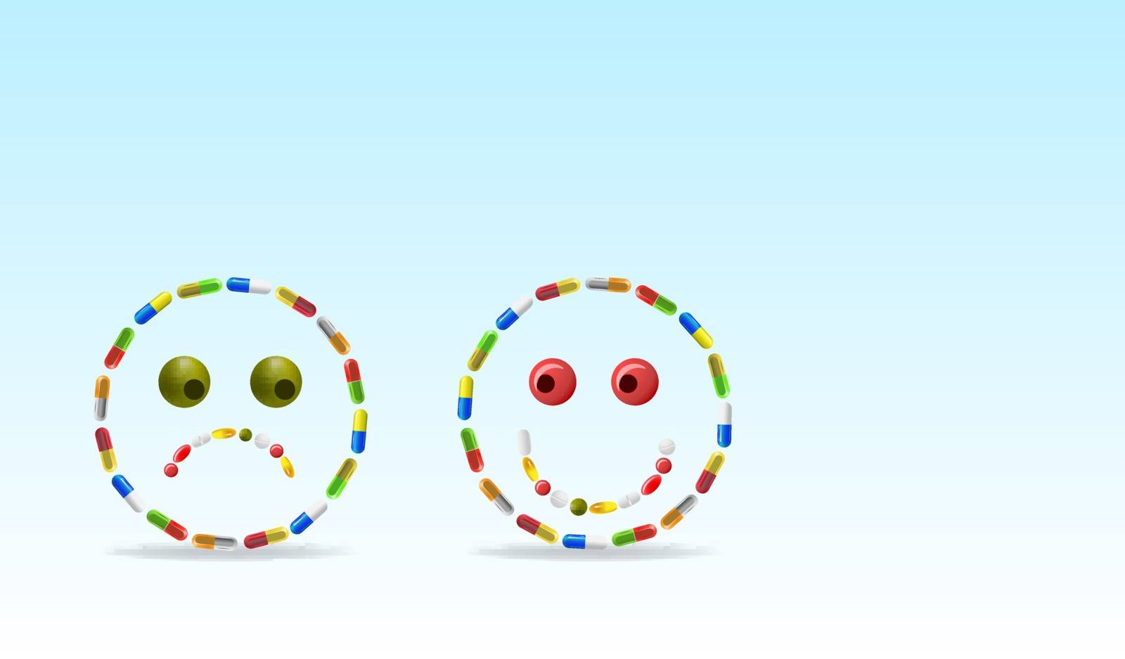 Vector Sad and Happy Face Made of Pills, Eps10 Vector, Gradient Mesh and Transparency Used