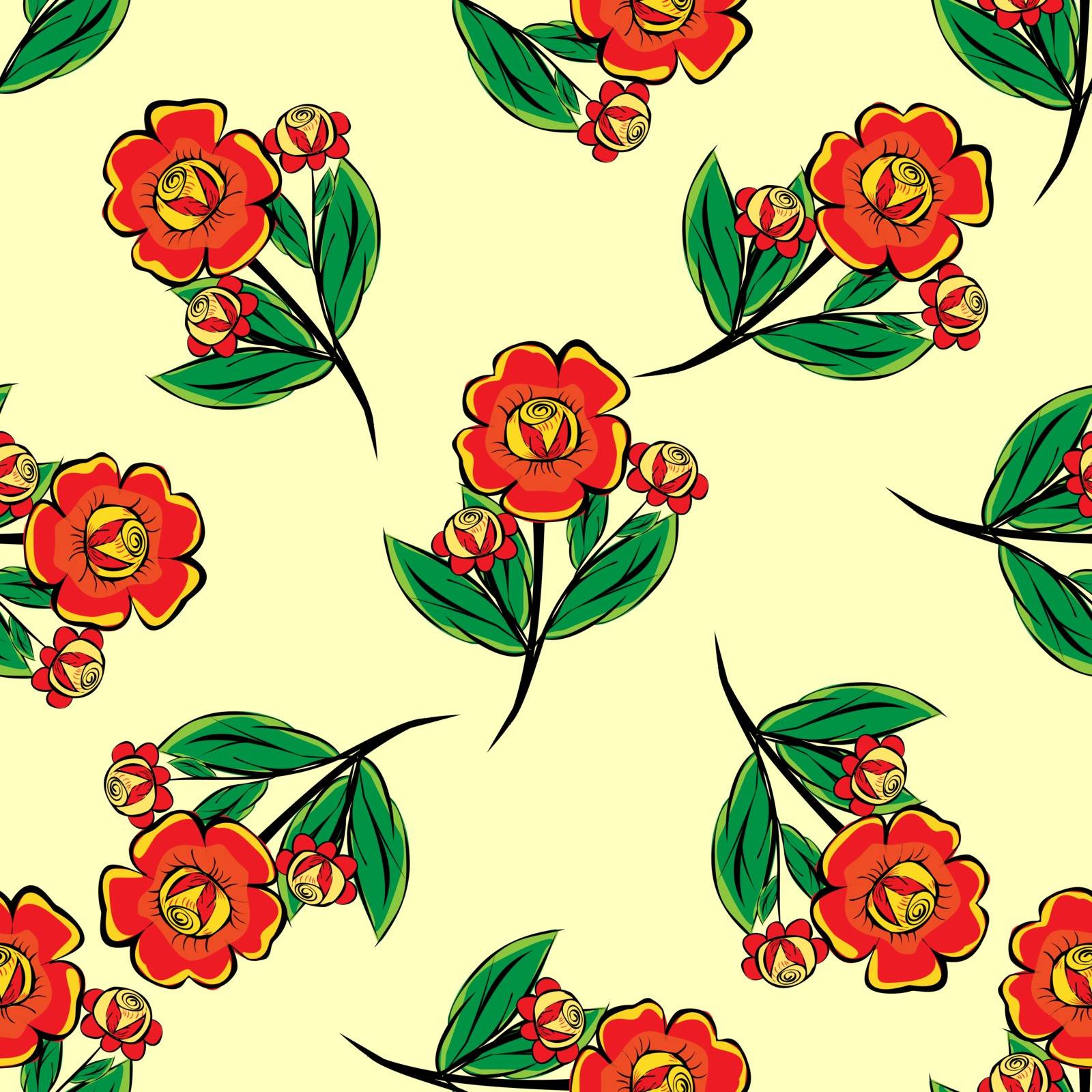 Red flowers on a green stalk seamless pattern vector natural background