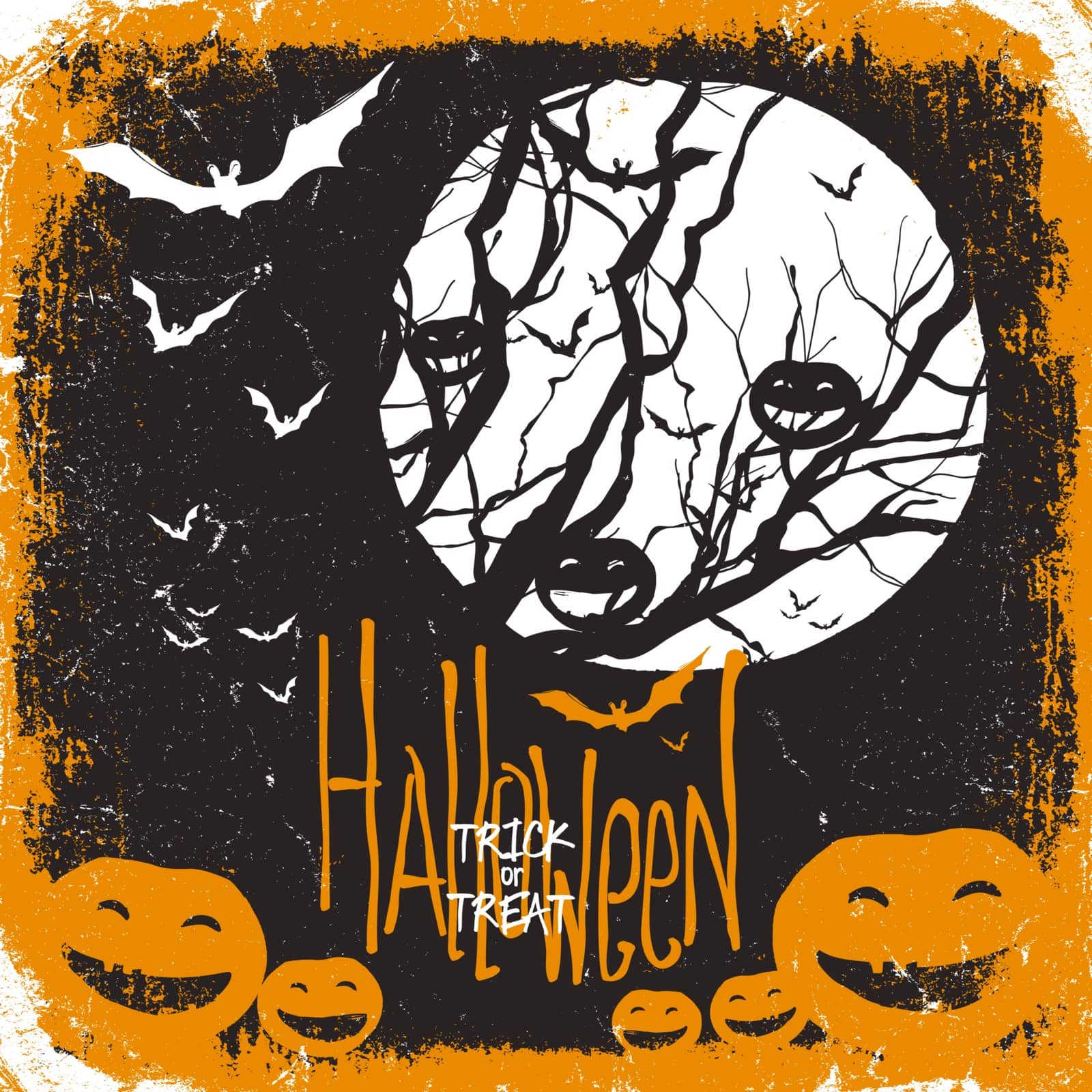 Halloween vector illustration. Dry tree, full moon and pumpkins  by pashabo