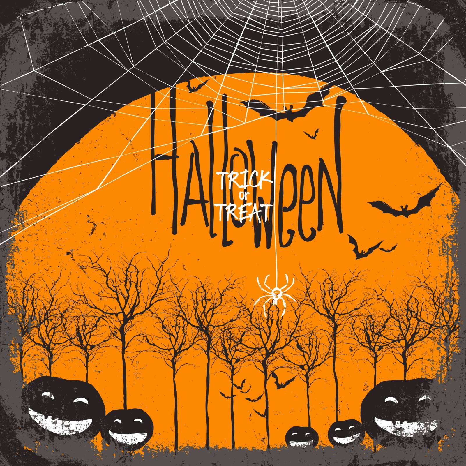 Halloween vector background. Dry tree and pumpkins. Full moon and bats. Spider web