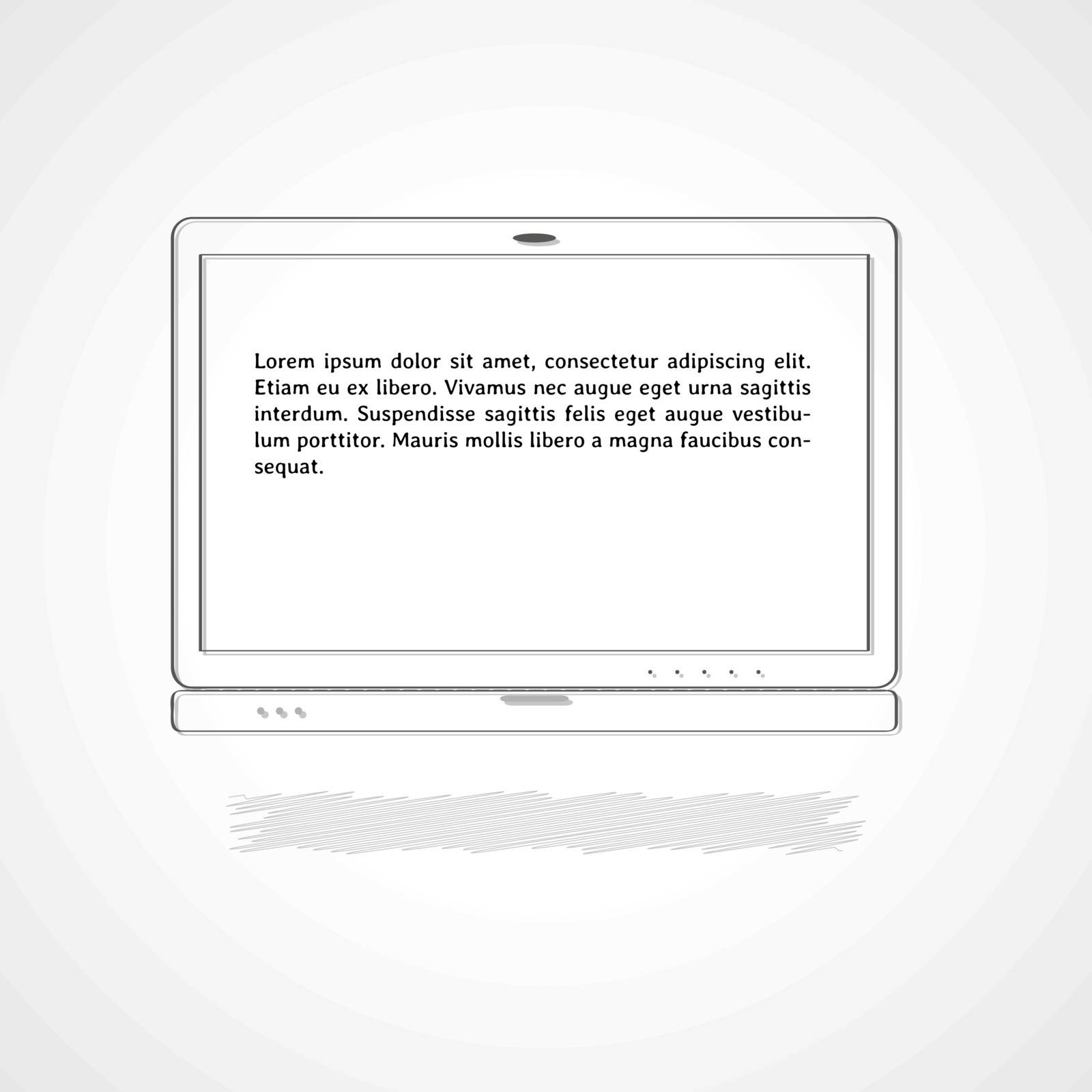 linear illustration, laptop with sample text on gray gradient background