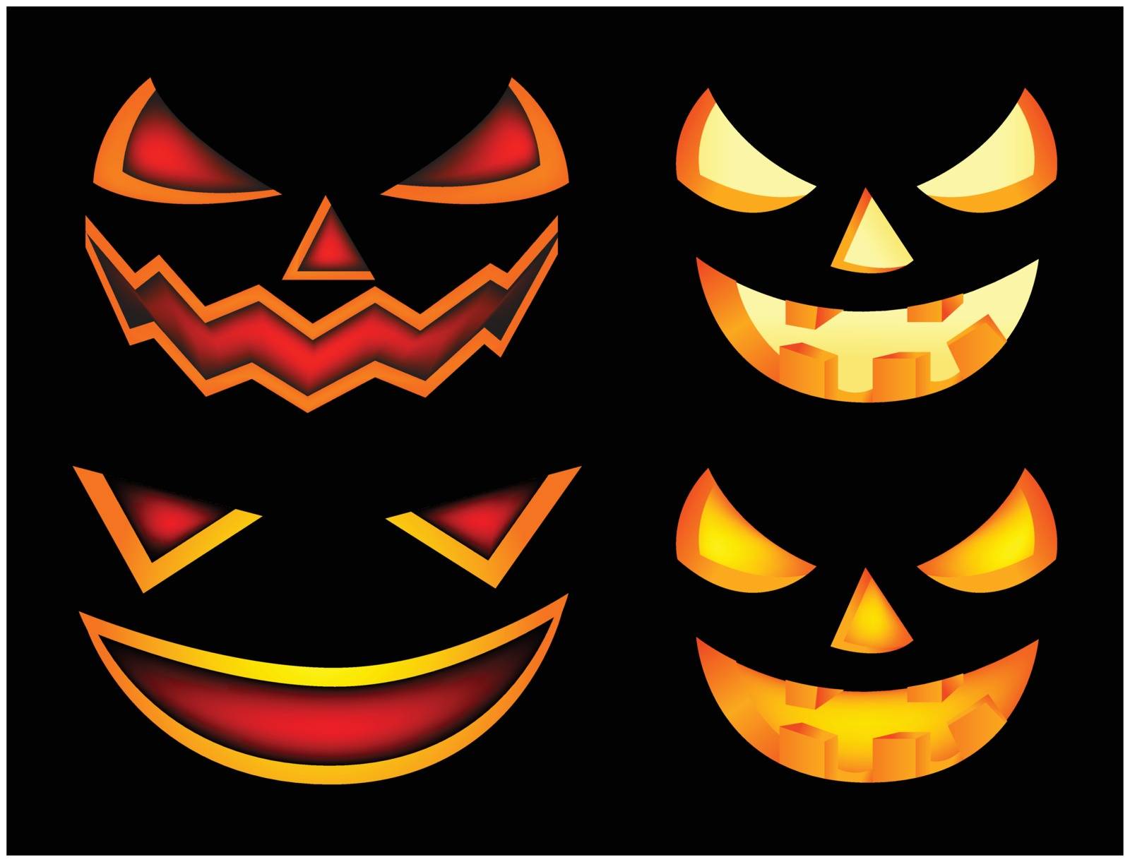 Halloween scary pumpkin face vector illustration set, Jack O Lantern smile isolated on black background. Scary orange picture with eyes in the dark.