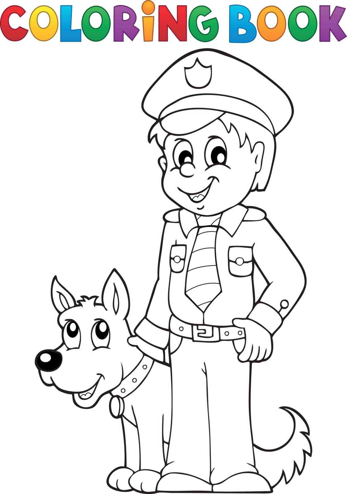 Coloring book policeman with guard dog - eps10 vector illustration.