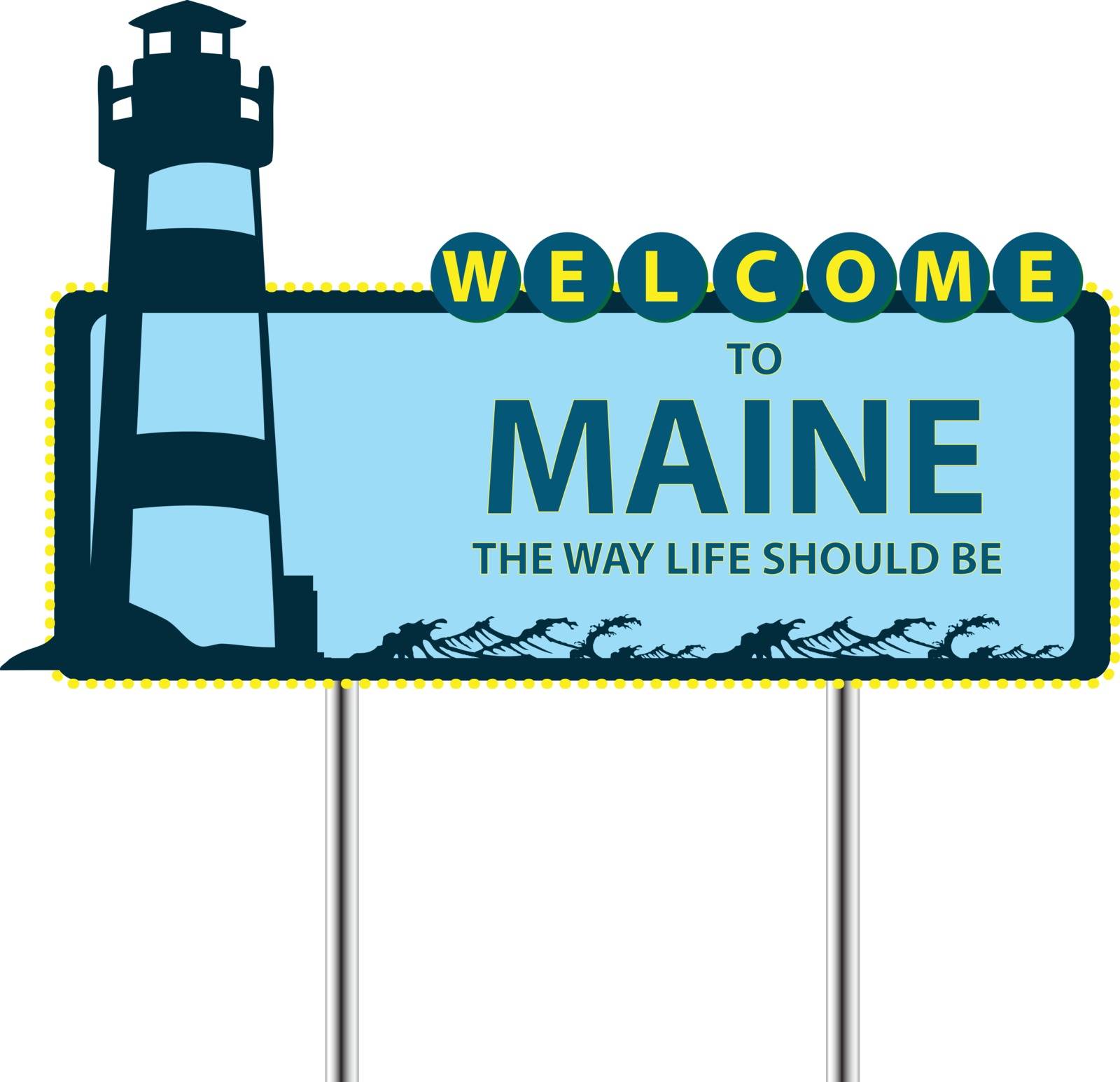 Road Stand Welcome to Maine, the lighthouse and the waves.