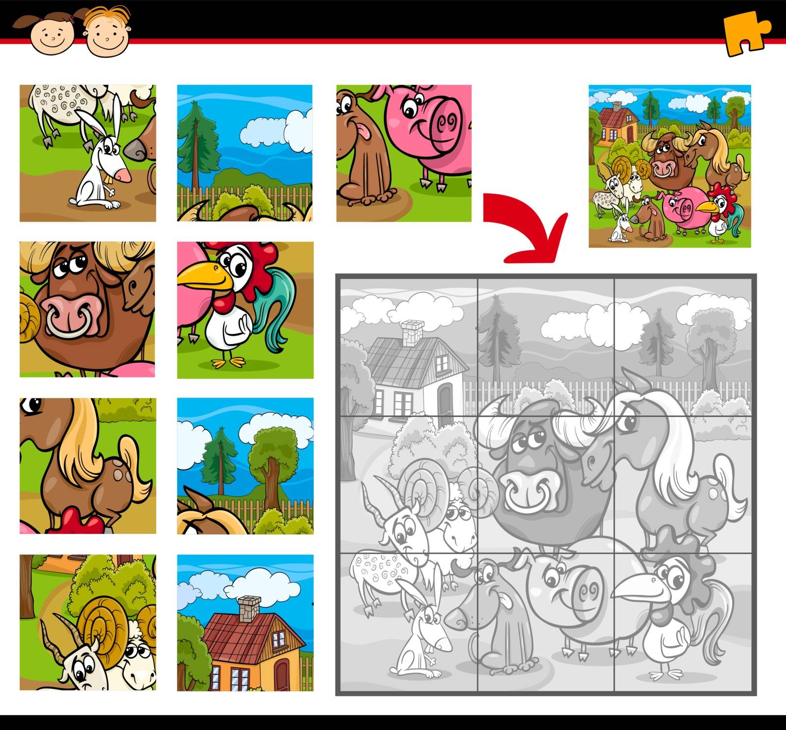 Cartoon Illustration of Education Jigsaw Puzzle Game for Preschool Children with Farm Animals Characters Group