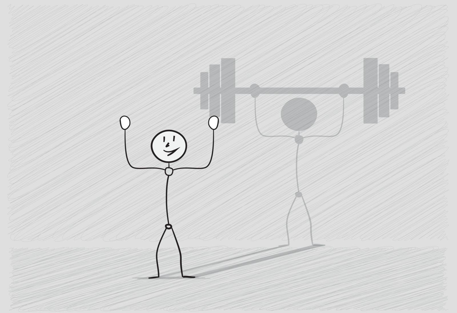 one weak happy man and shadow with large heavy dumbbell as an illusion, crosshatched image