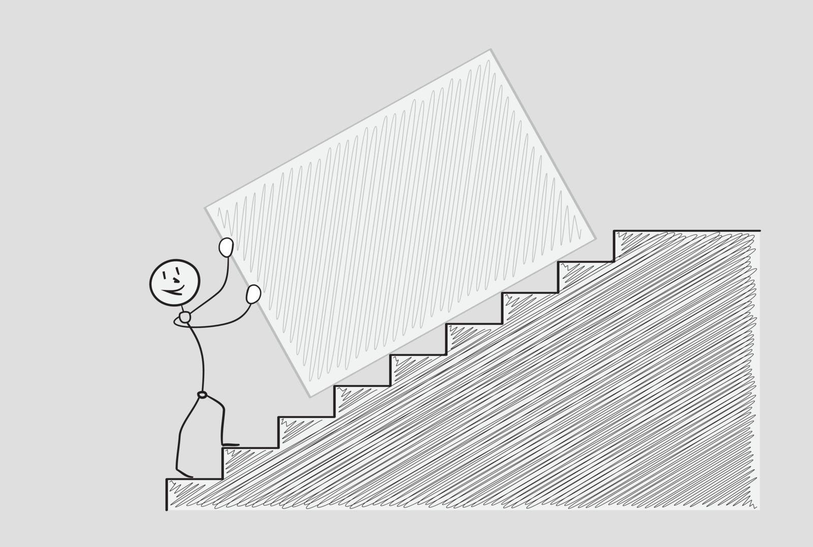 happy man pushing box up the stairs, crosshatched image