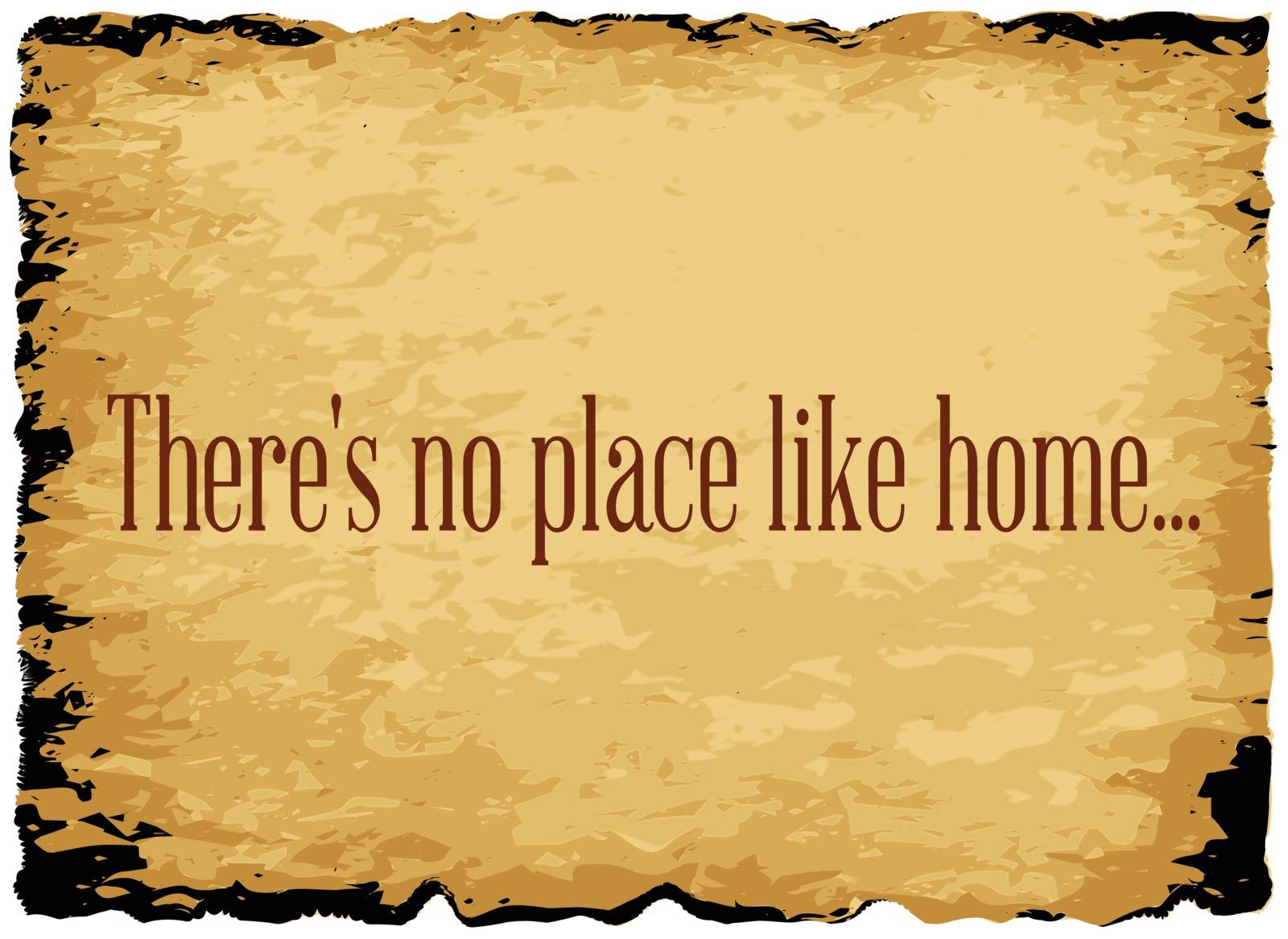 A parchment background of browns shades and black over a white background with the text There's no place like home