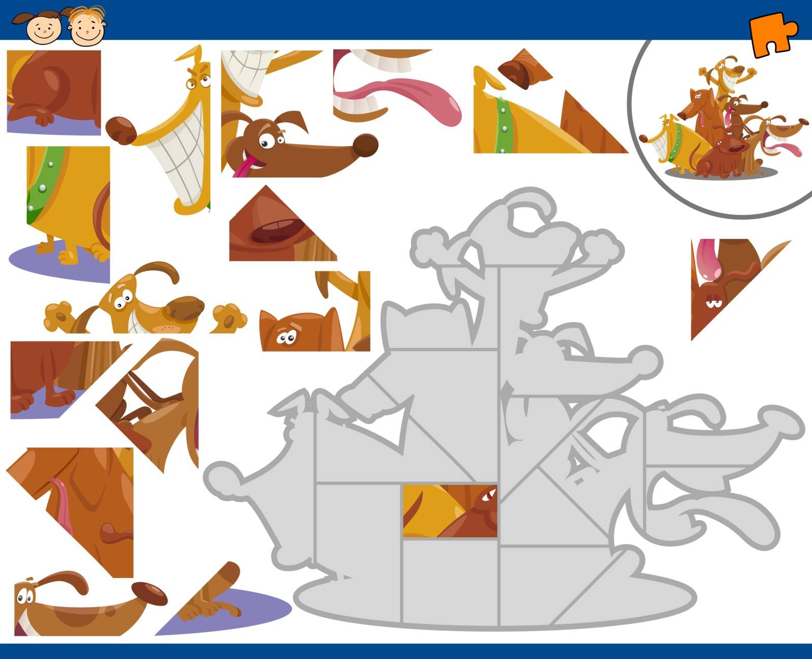 Cartoon Illustration of Educational Jigsaw Puzzle Task for Preschool Children with Dogs Animal Characters