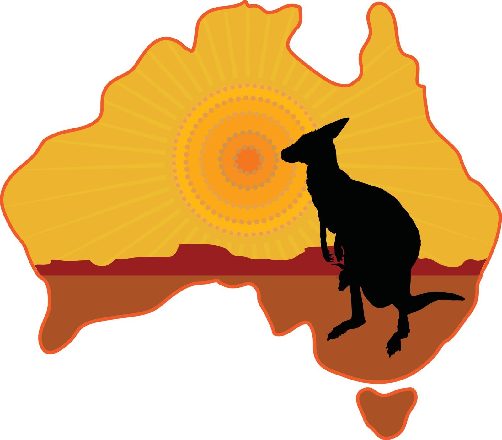 A stylized map of Australia with a silhouette of a kangaroo with a joey in its pouch