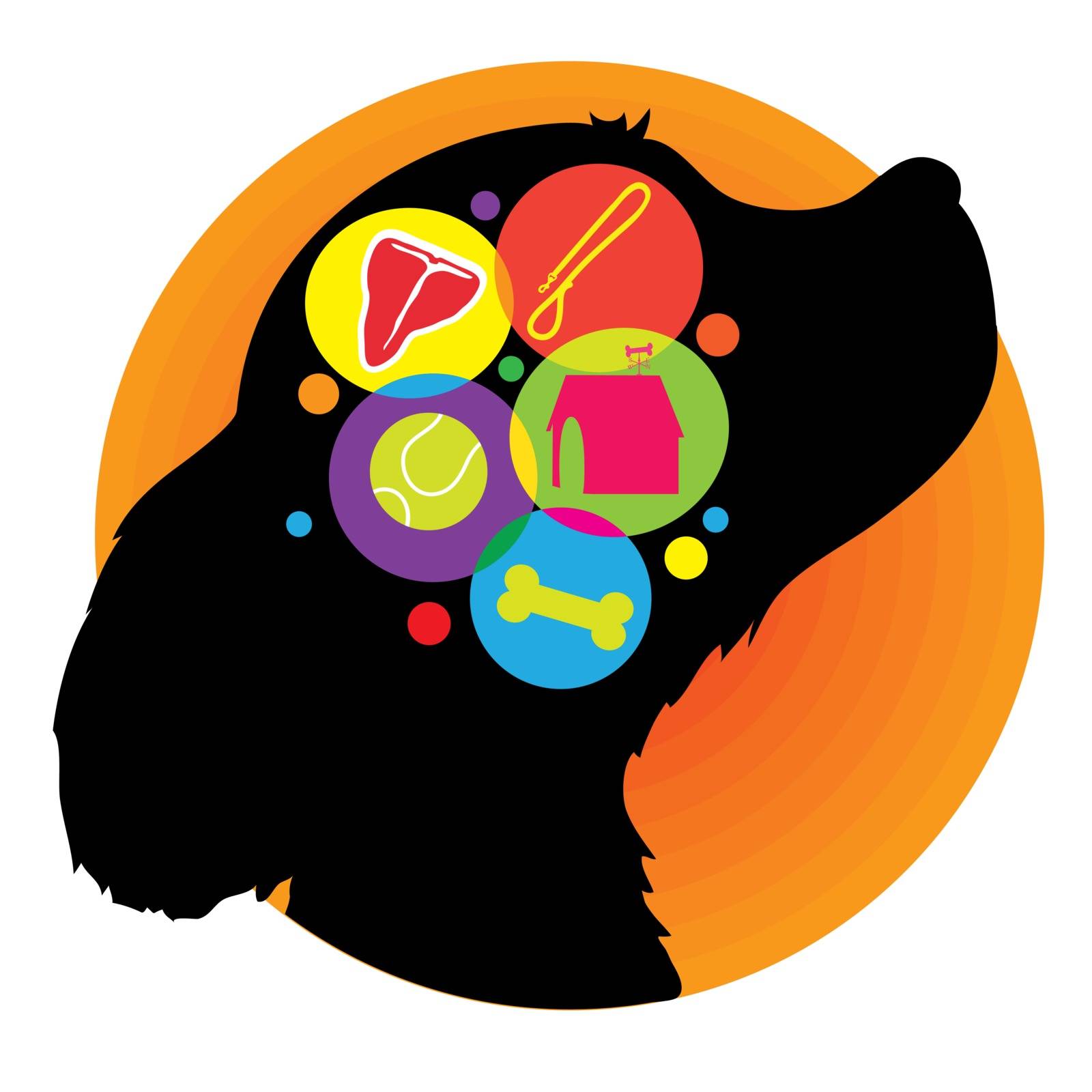 A silhouette of a dogs head with icons representing the things he may be thinking about, food, home,playing and treats
