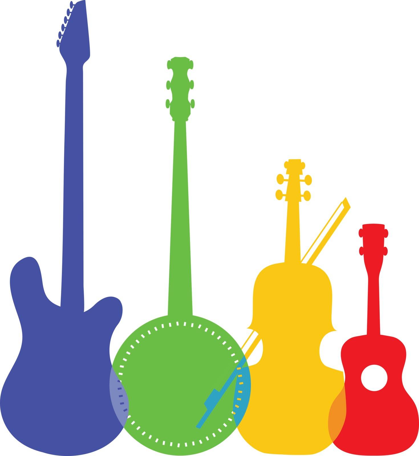 A group of silhouetted and colorful stringed instruments including an electric guitar, a banjo, a violin and a ukulele