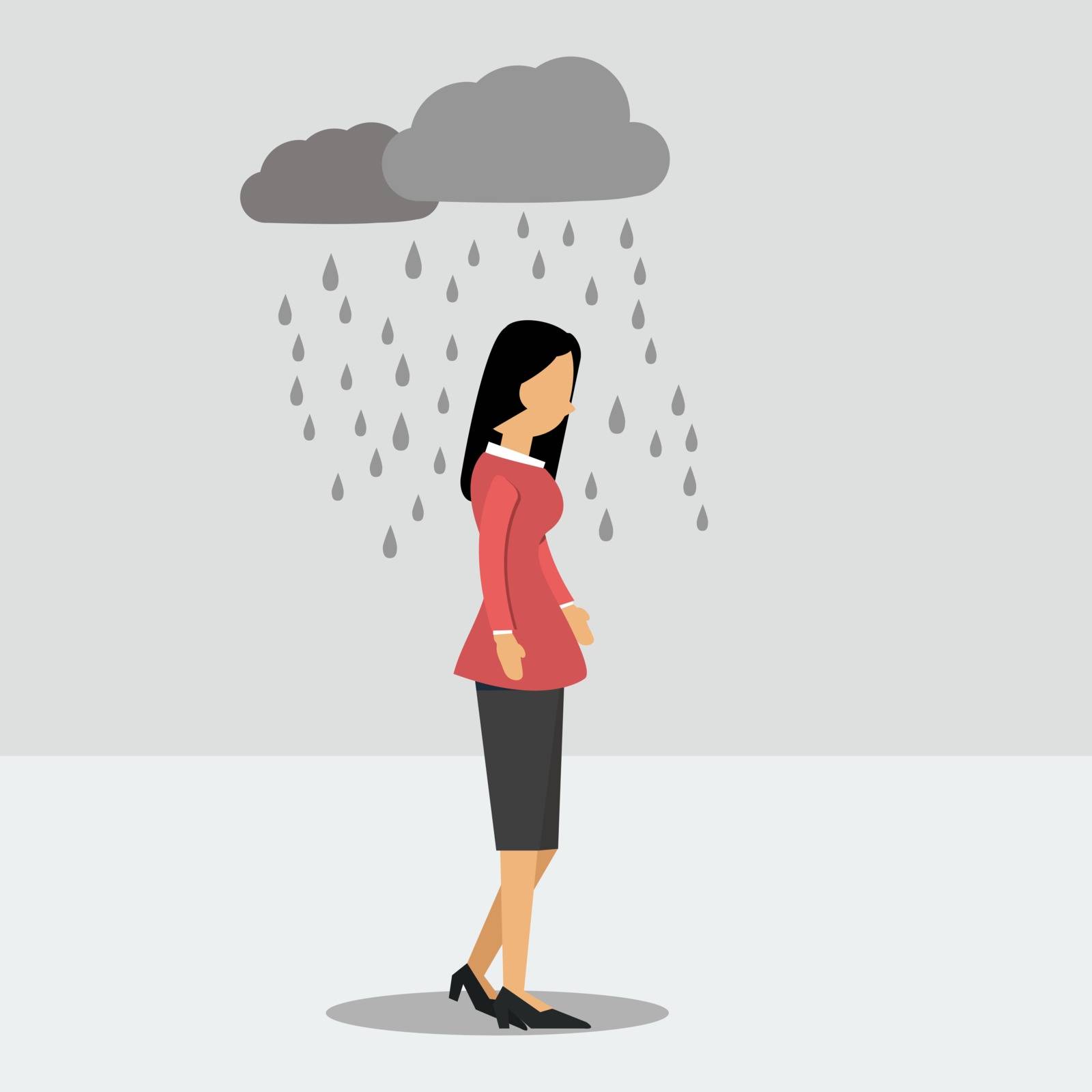  Vector illustration. Walking woman in depression in the rain