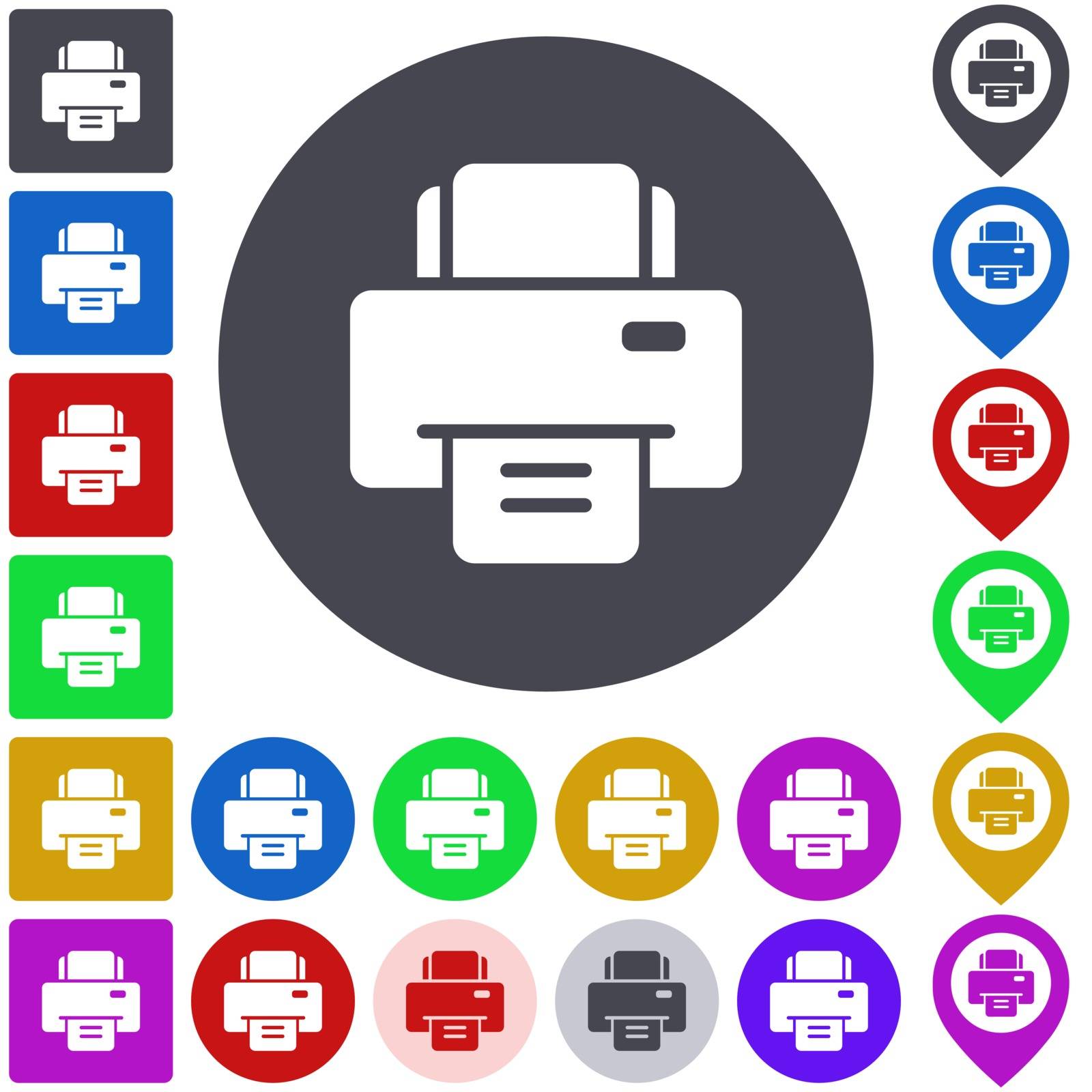 Color printer icon set. Square, circle and pin versions.