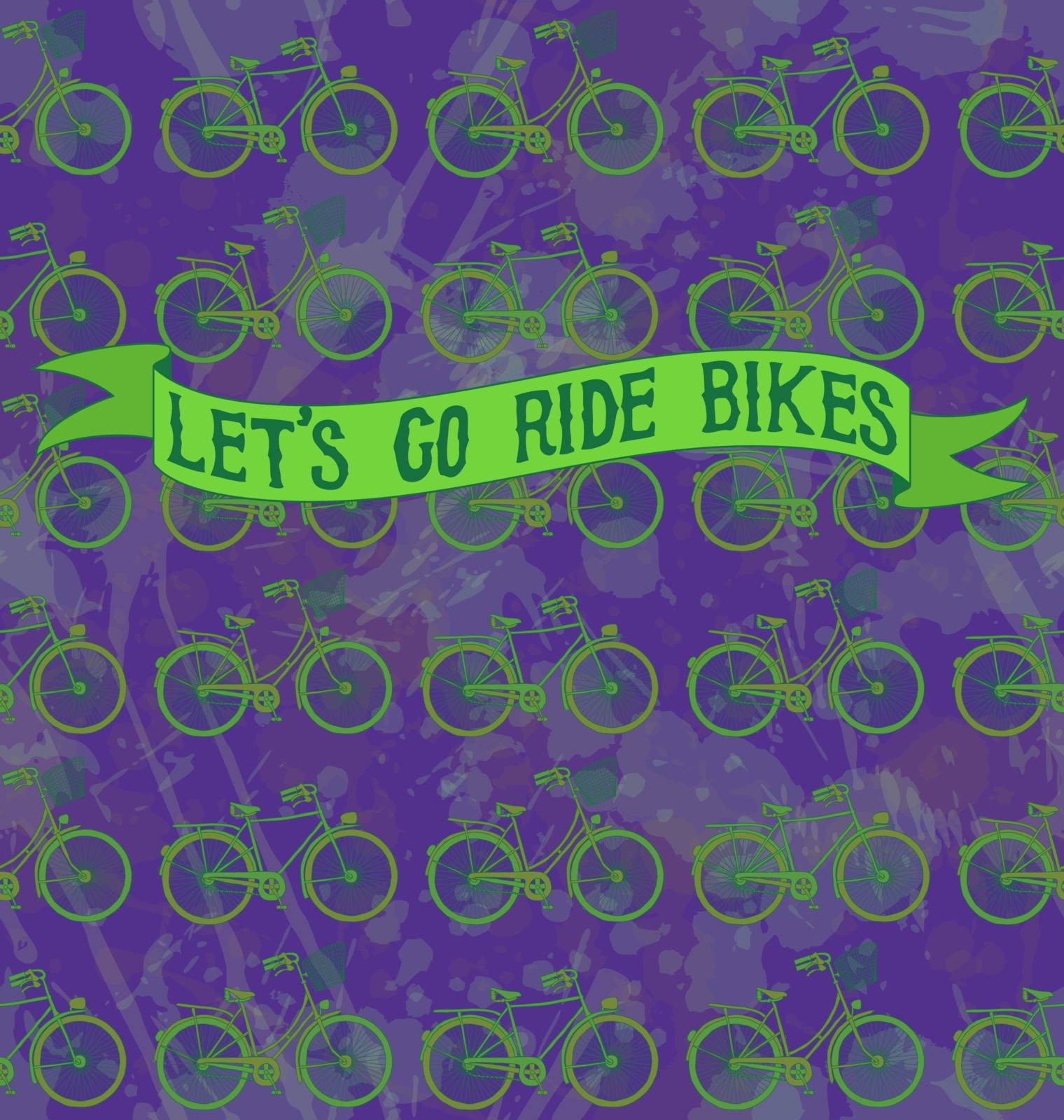 Bicycle seamless pattern with "Let's go ride bikes" banner.