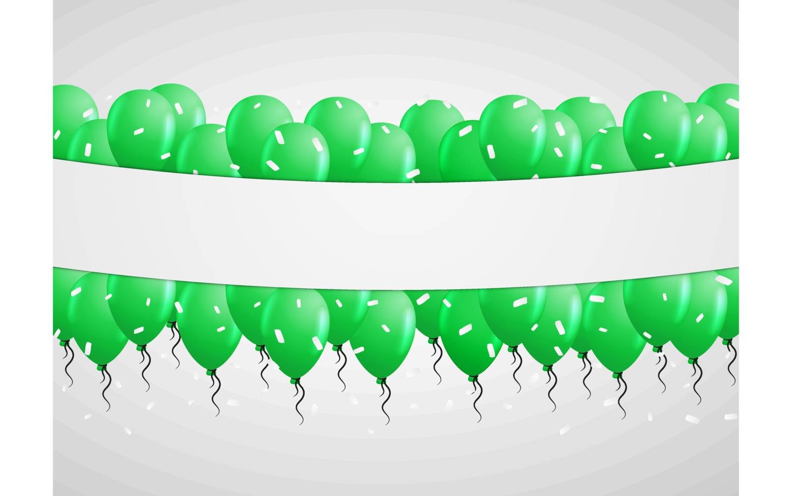 green balloons in center with falling white confetti and gray background